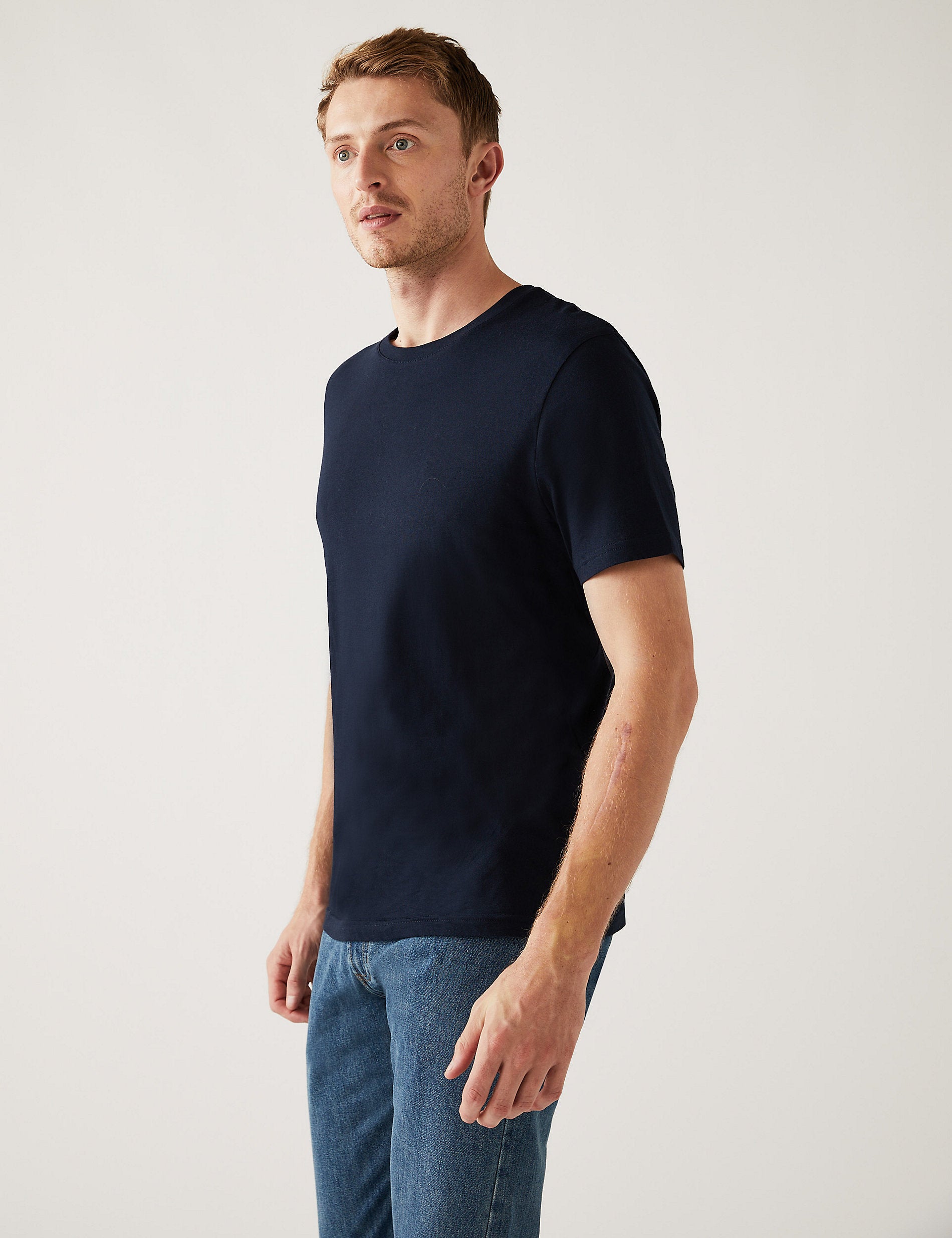 Marks & Spencer Slim Fit Pure Cotton Crew Neck T-Shirt, Navy