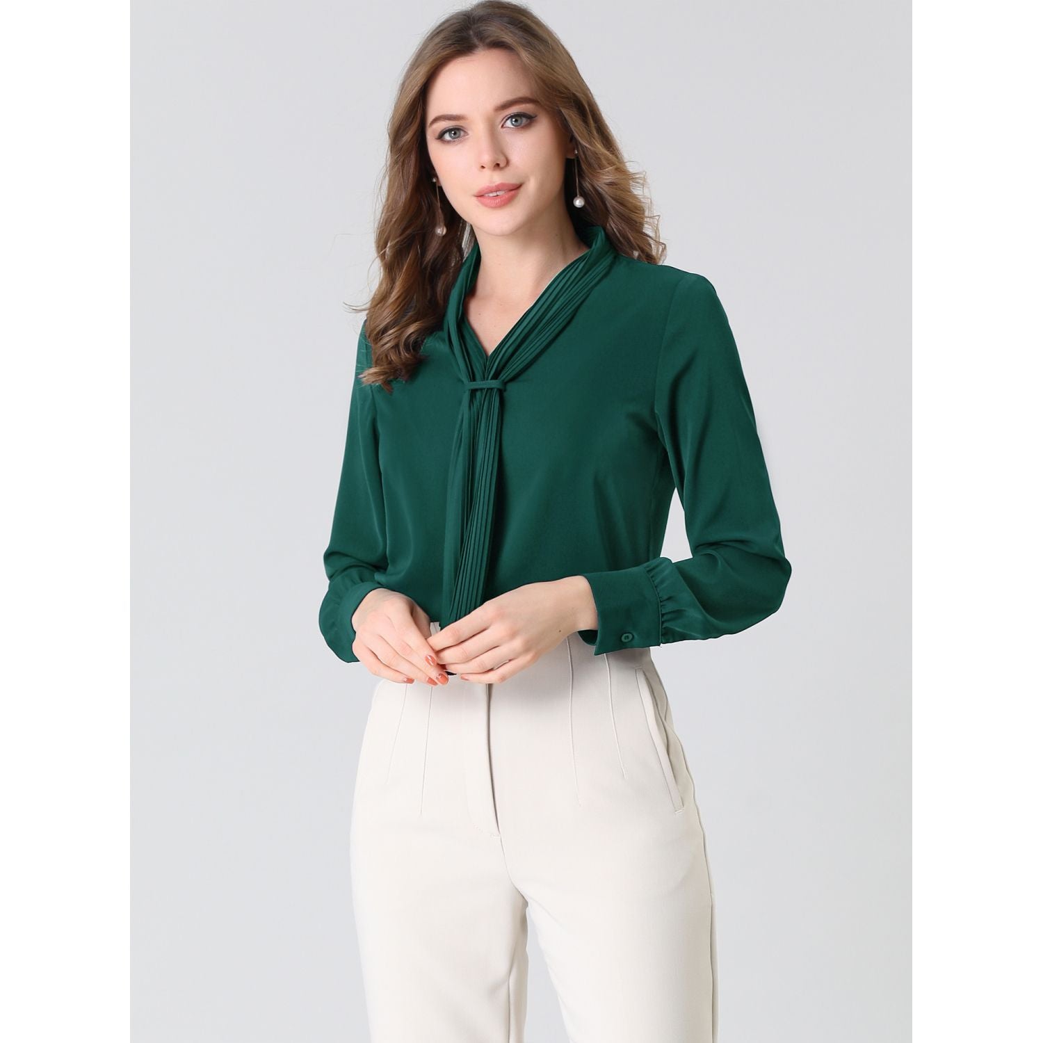 Women's blouses with long sleeves chiffon pleated office shirt with tie at the neck ALLEGRA K