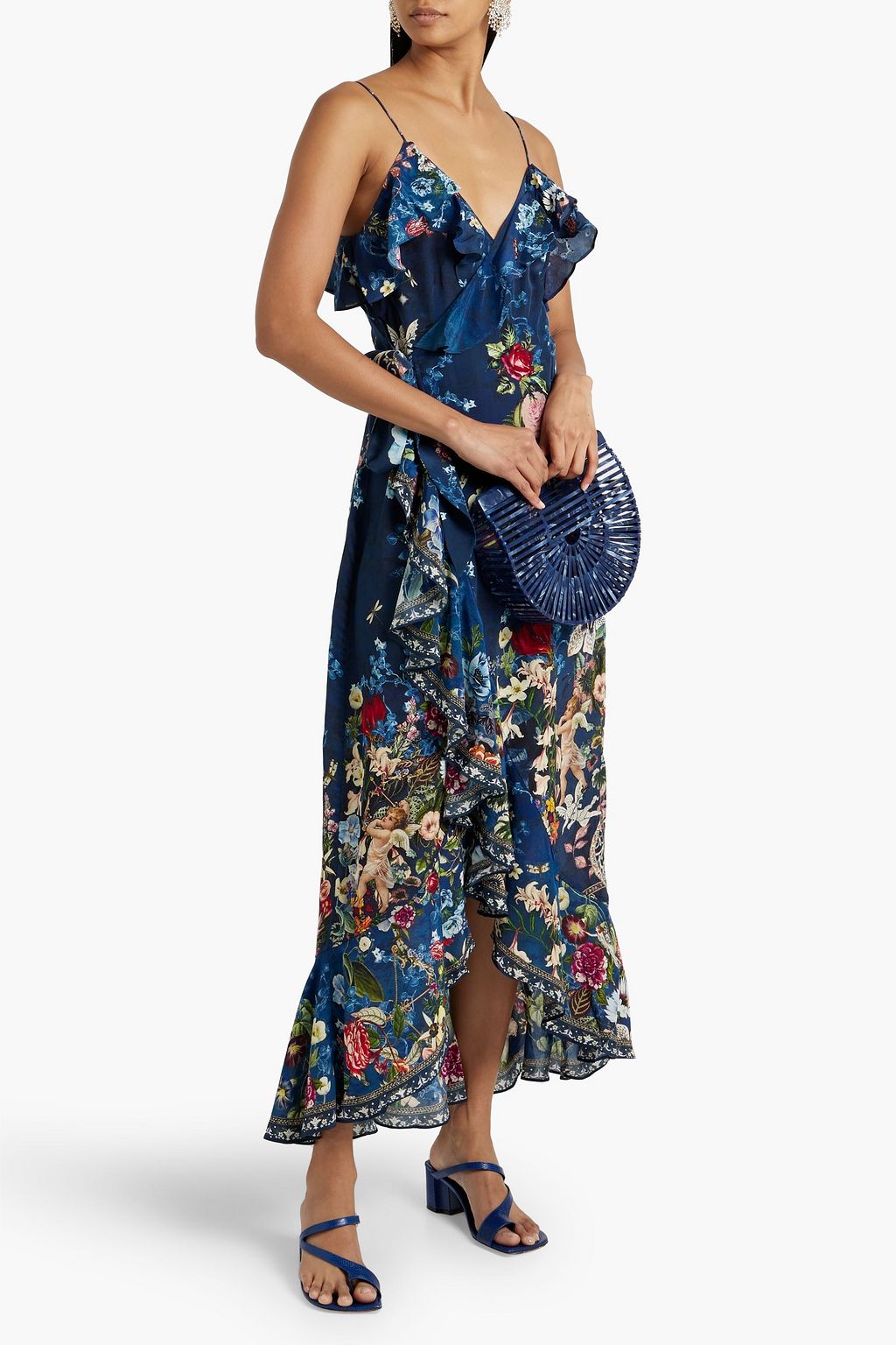 Silk wrap midi dress with ruffles CAMILLA, indigo