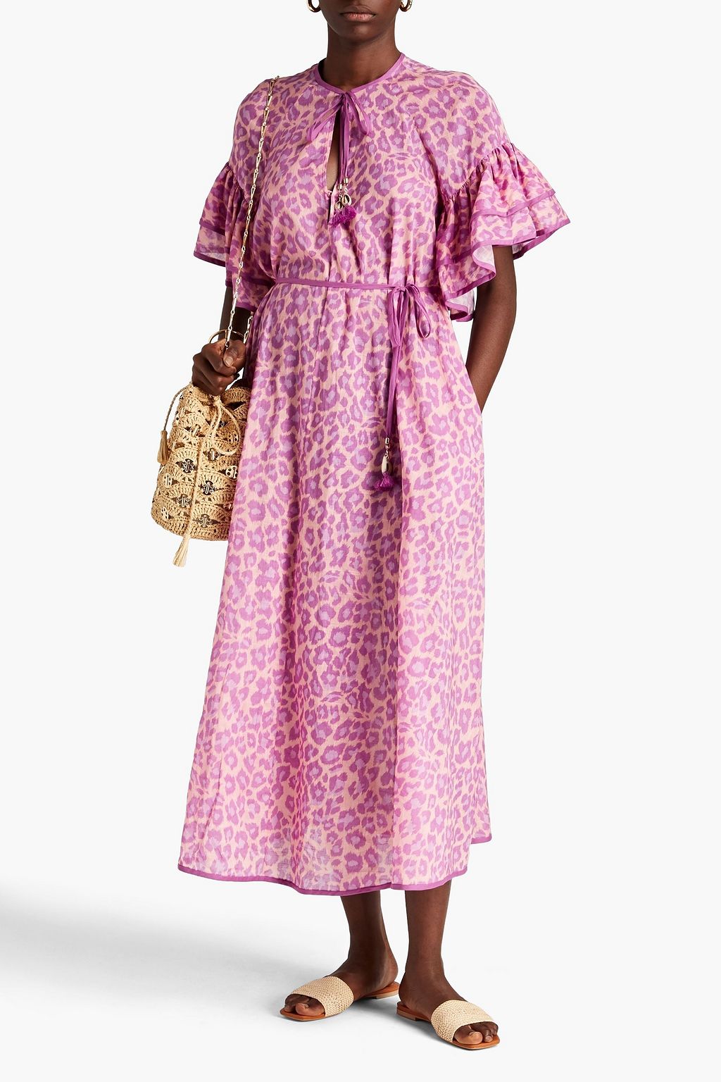 ZIMMERMANN Cotton midi dress with leopard print and ruffles, purple