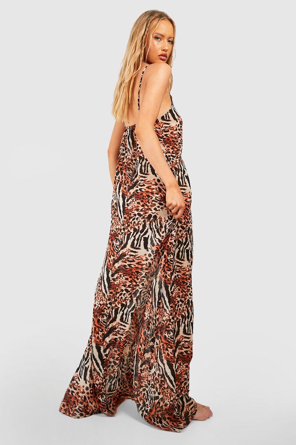 Tall beach chiffon maxi dress with leopard print and beading Boohoo, brown