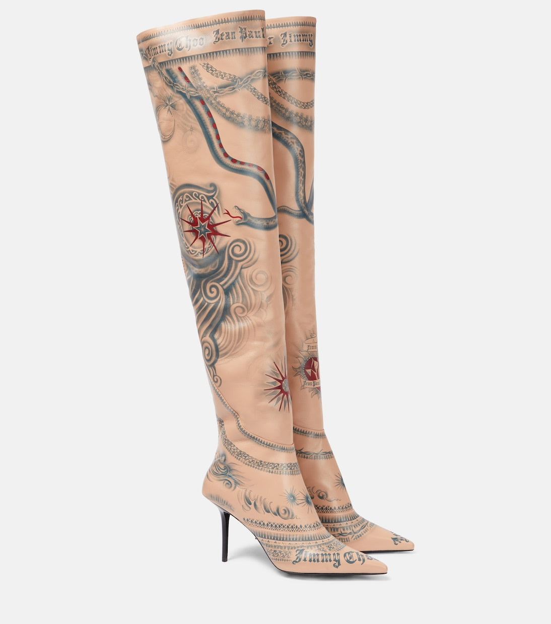 x jean paul gaultier leather over the knee boots with Jimmy Choo tattoo, beige