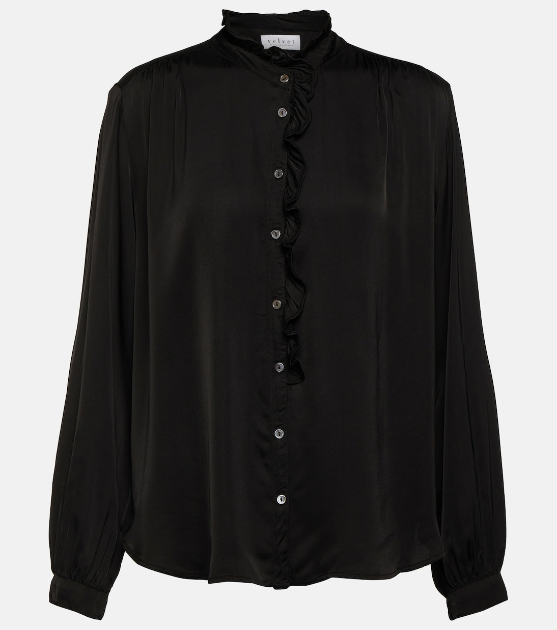 Velvet Ruffle Satin Blouse, Black