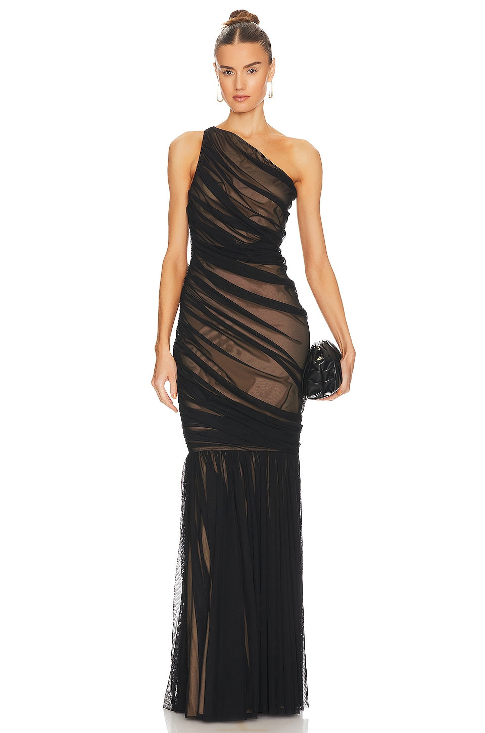 Norma Kamali Diana Fishtail Gown Dress, Black Mesh & Nude