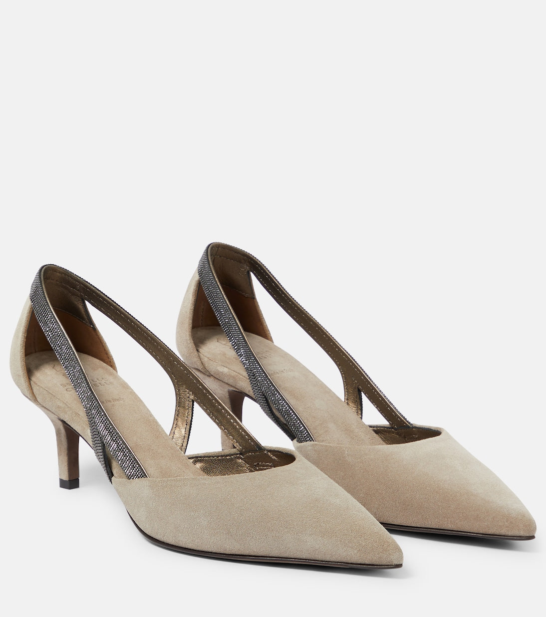 Brunello Cucinelli Embellished Suede Slingback Shoes, Beige