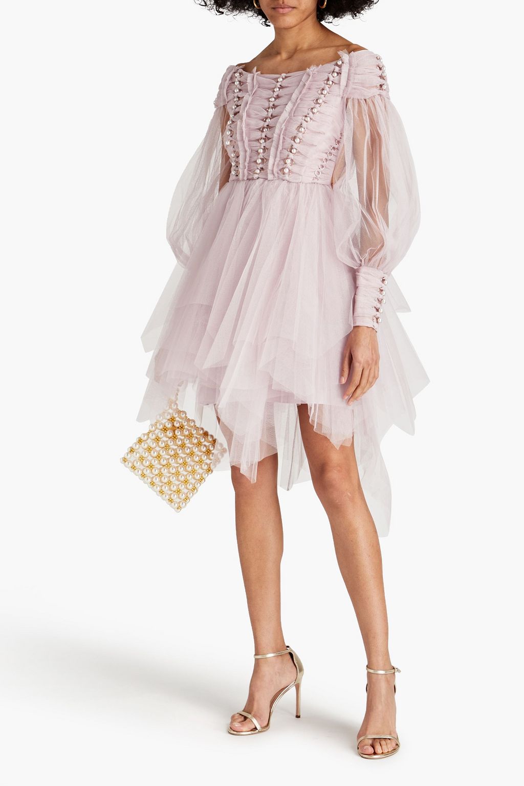 Off-the-shoulder tulle mini dress with ZIMMERMANN embellishment, lilac