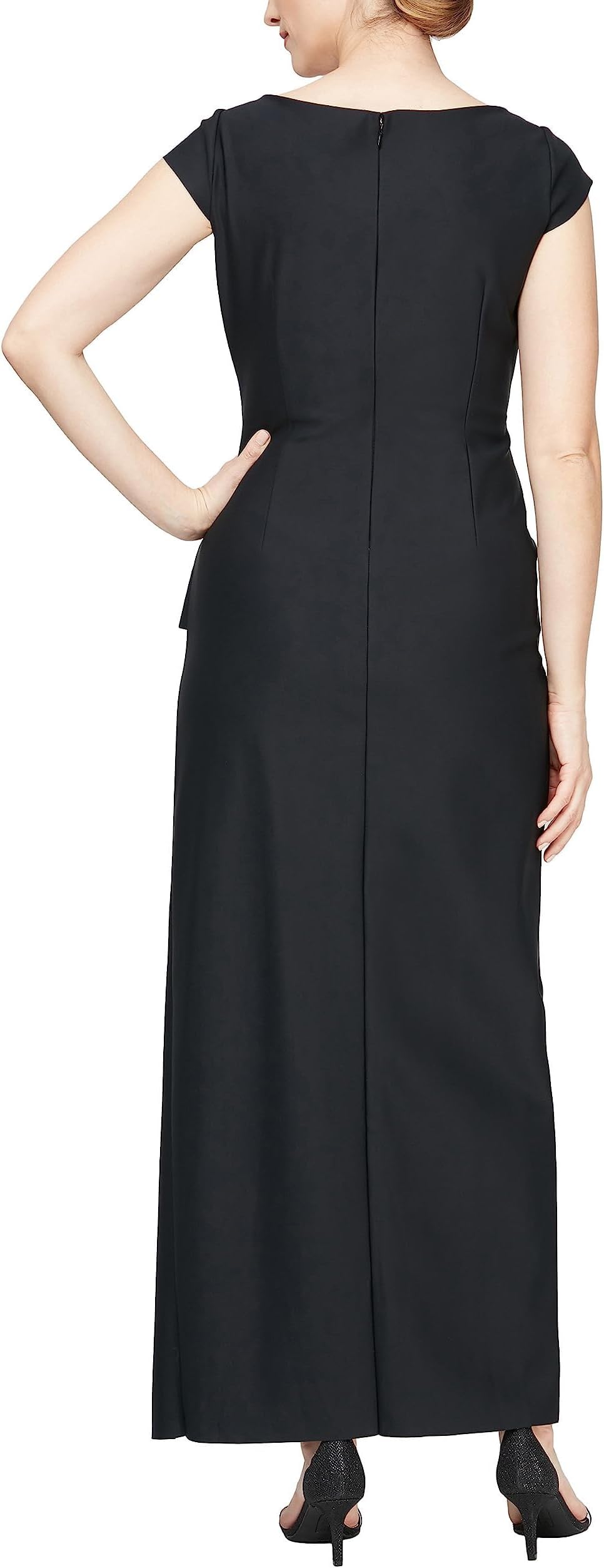 Long scuba dress in stretch fabric with cascading detail at front Alex Evenings Short Sleeve Neckline, Black