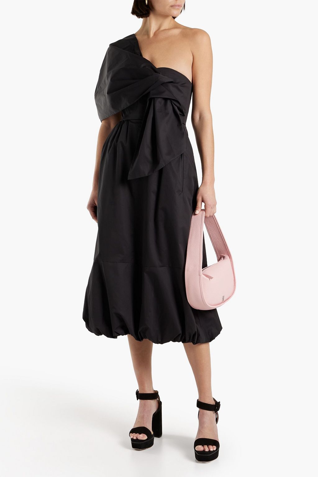 One-shoulder cotton poplin midi dress with draped TIBI, black