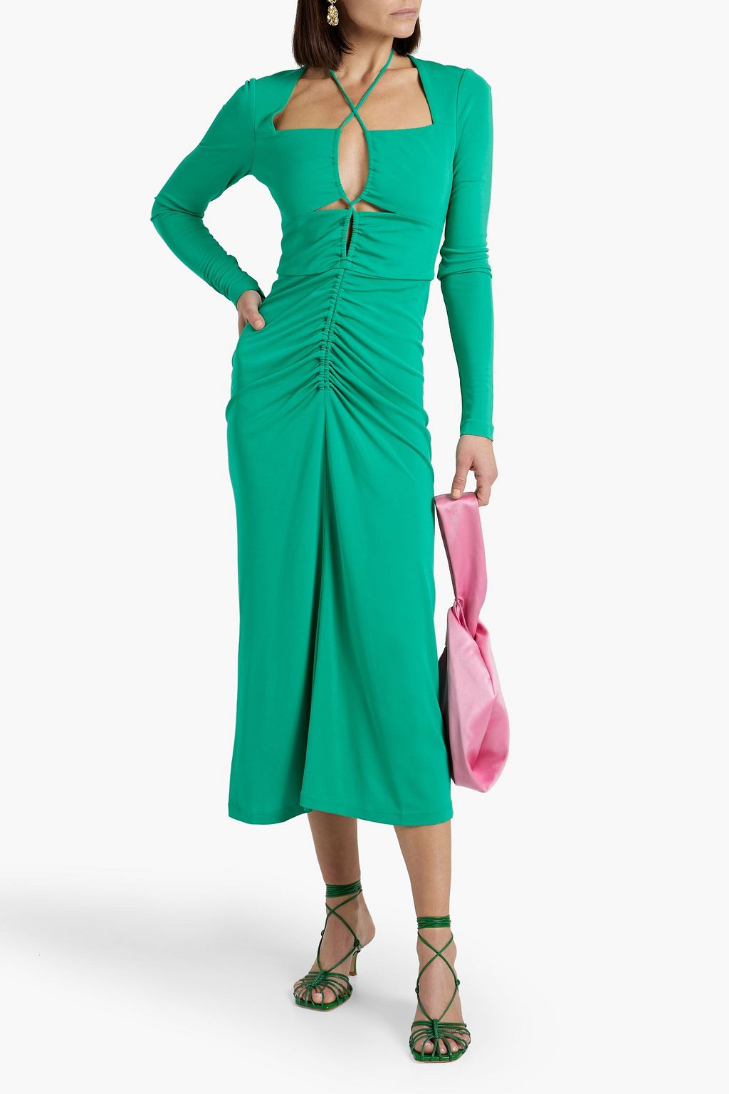 REBECCA VALLANCE Jersey Cutout and Gather Midi Dress, Jade