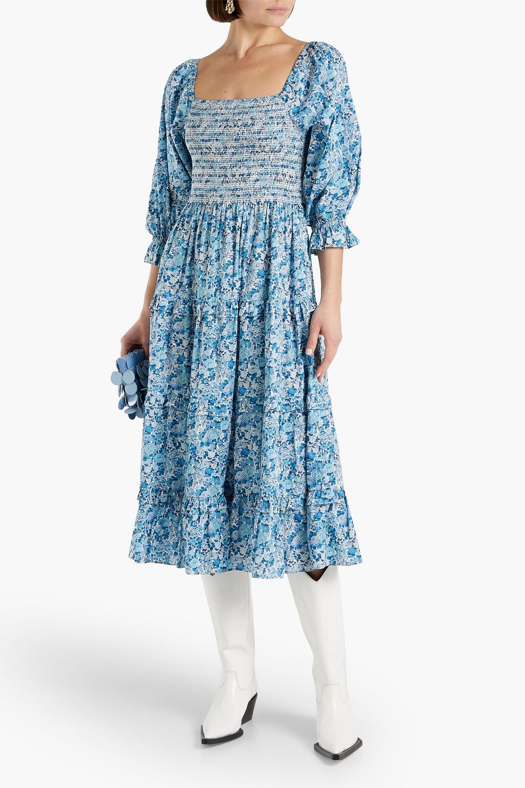 Tiered Minnie Cotton Poplin Ruched Floral Midi Dress LOVESHACKFANCY ,  blue