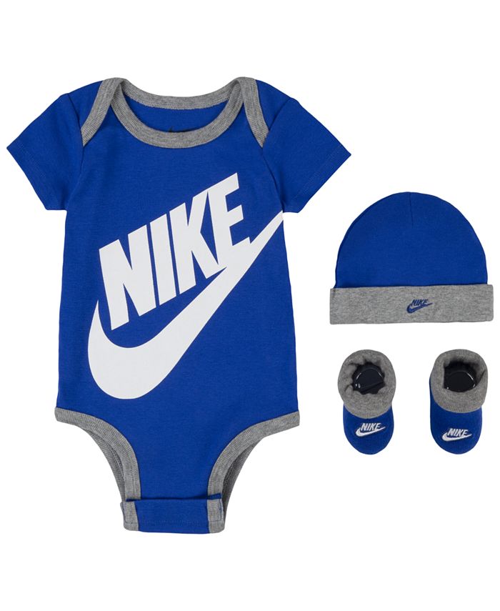 Bodysuit, cap and booties with Futura logo for boys and girls Nike 3-piece gift set, blue