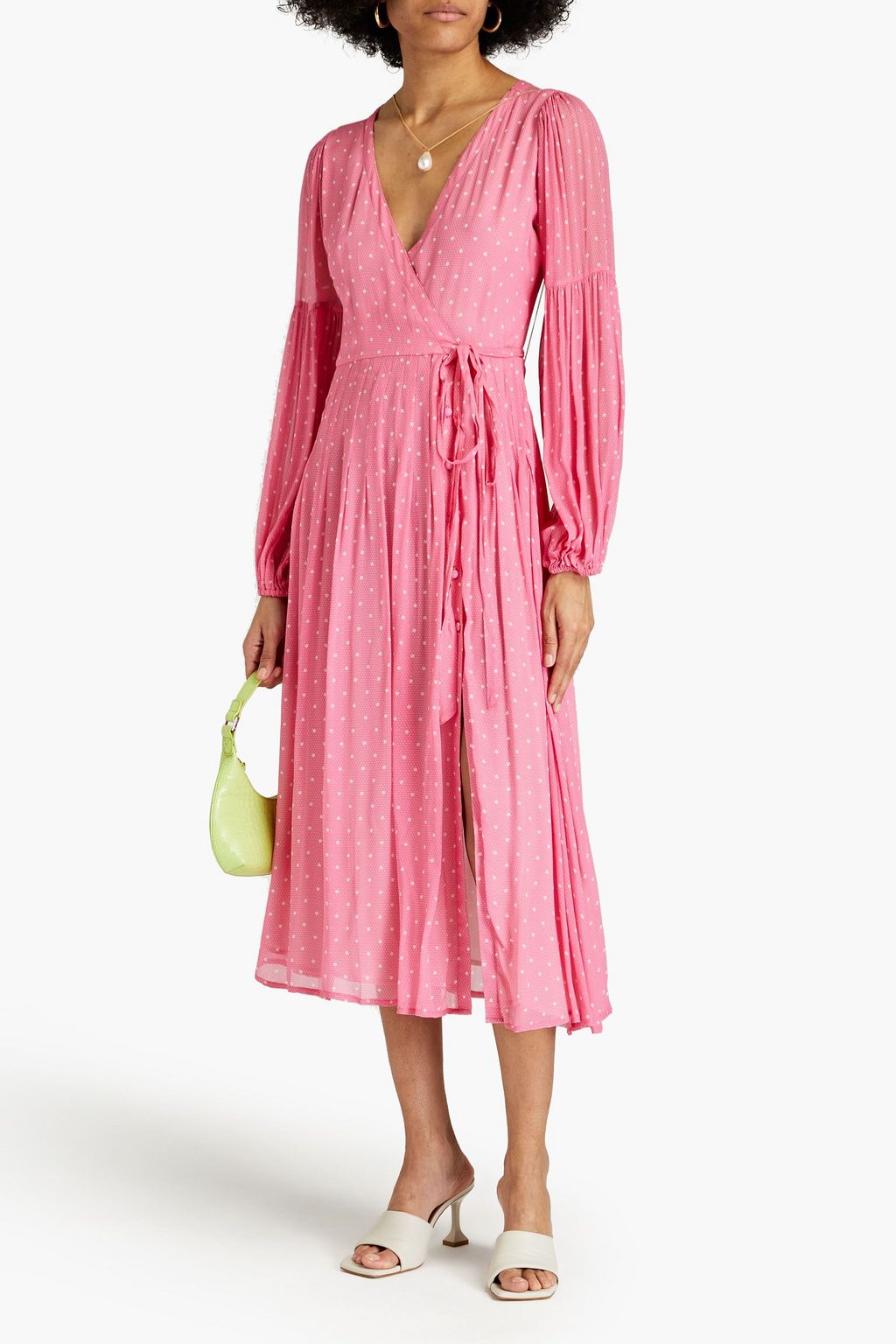 Bevelyn Polka Dot Chiffon Wrap Midi Dress LOVESHACKFANCY, Pink