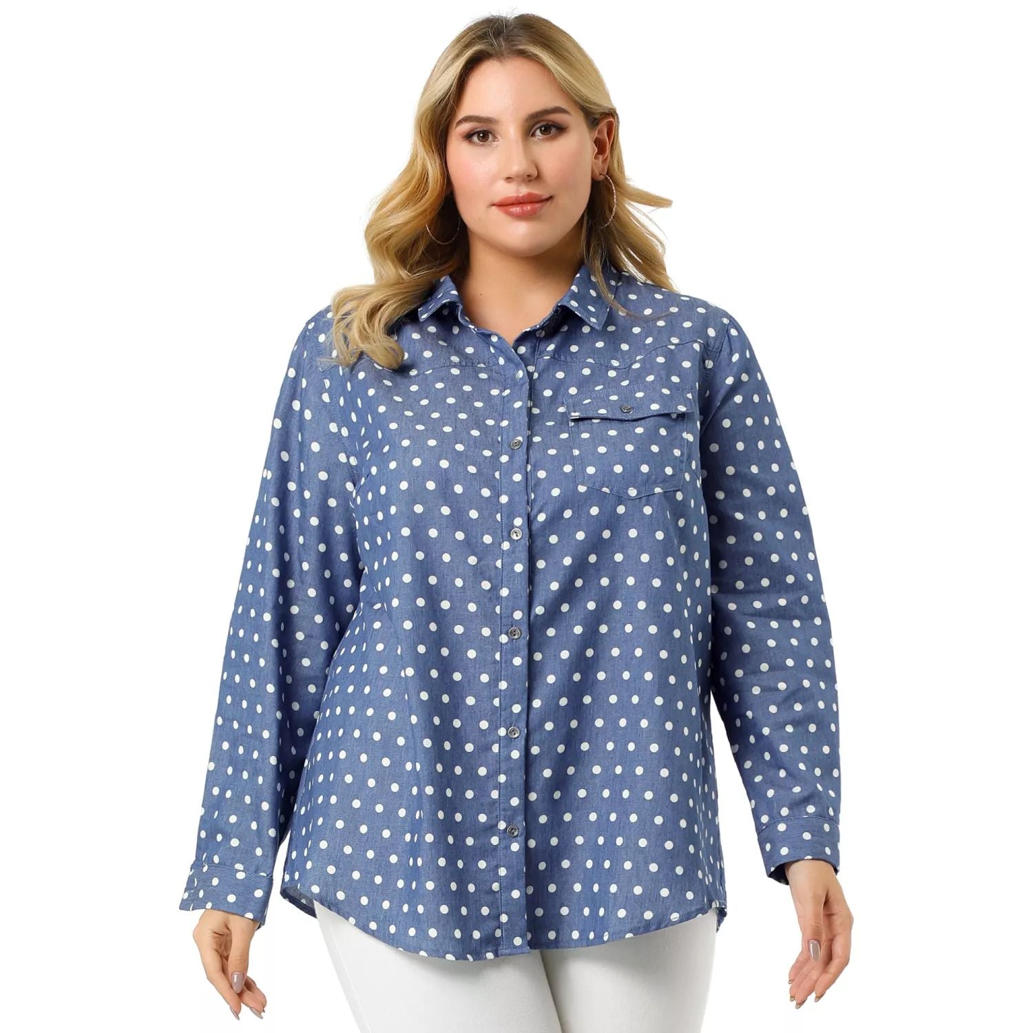 Agnes Orinda Women's Spring Plus Size Long Sleeve Button Down Denim Shirt ,  blue