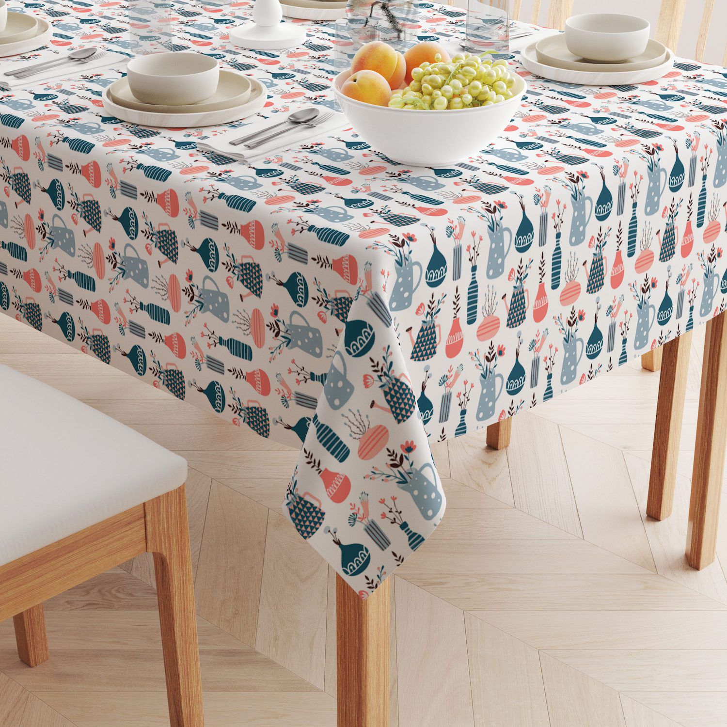 Square tablecloth, 100% polyester, 70x70 inches, vases with designs.