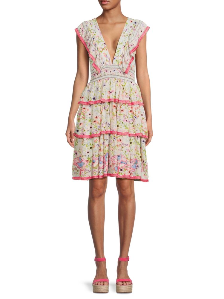 Ambretta Taj By Sabrina Tiered Floral Dress in Pink Multi