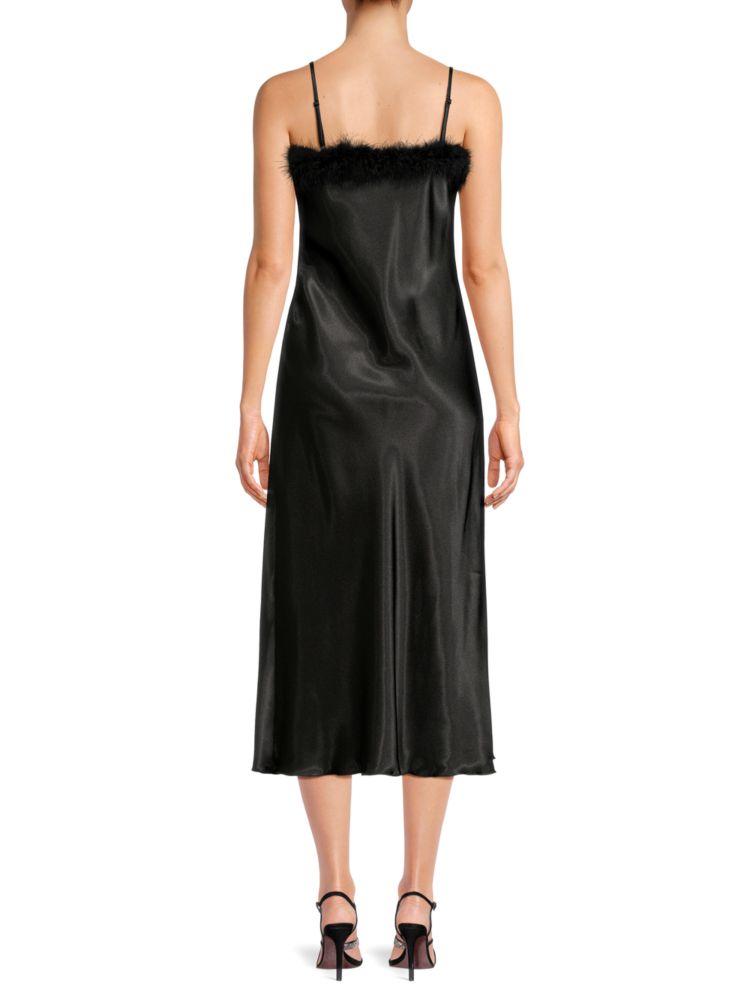 Bebe Feathered Satin Midi Slip Dress, Black