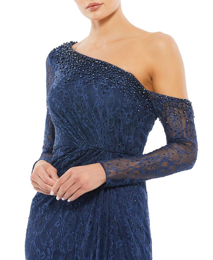 Women's Drop Shoulder Draped Lace Dress gemstone-encrusted Mac Duggal, blue