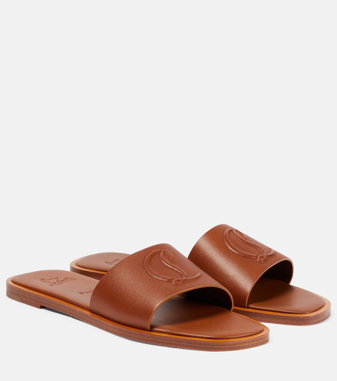 Christian Louboutin Logo Leather Slides, Brown