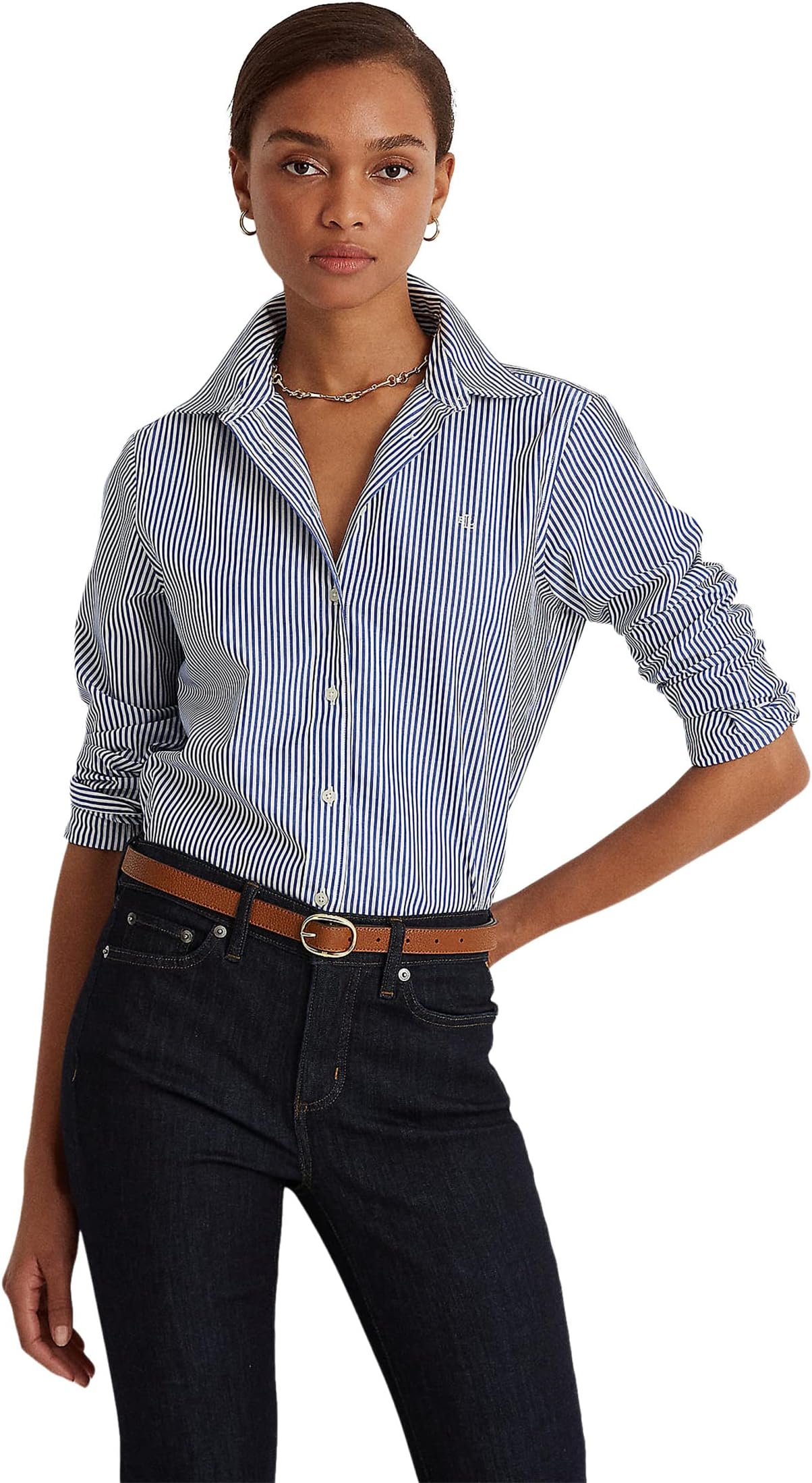 LAUREN Ralph Lauren Long Sleeve Button Front Shirt Blue/White