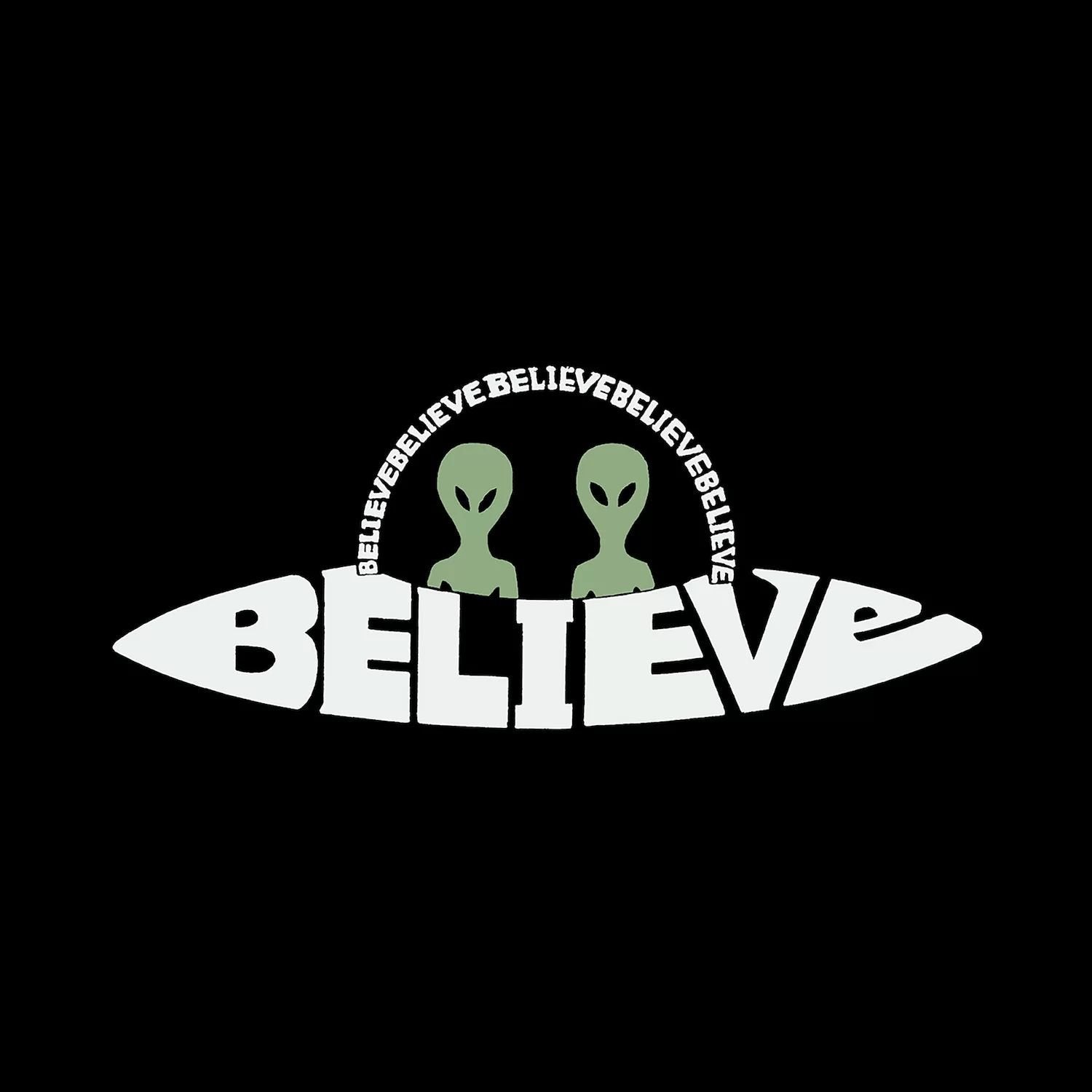 تي شيرت رجالي بأكمام طويلة مطبوع عليه كلمة فن البوب ​​لوس أنجلوس - Believe UFO