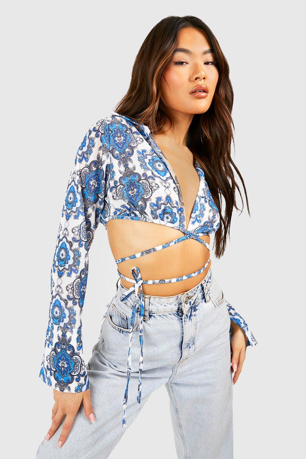 Boohoo Paisley Cropped Shirt, Blue