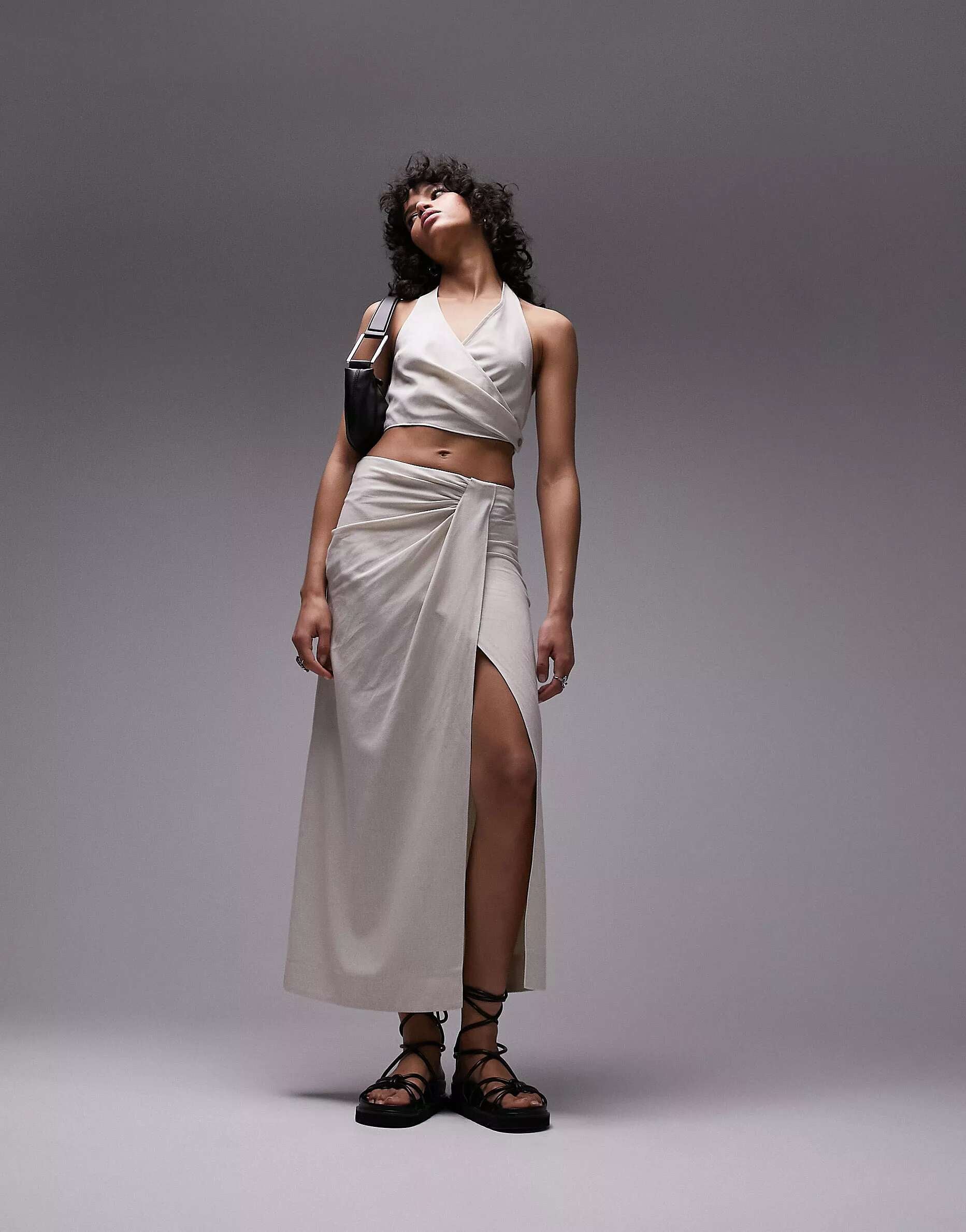 Topshop Sand Linen Maxi Skirt With Pinch Waist