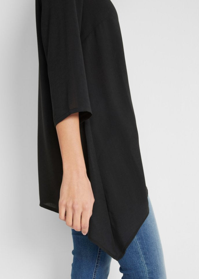 Bonprix Collection Pointed V Neck Wide Tunic with 3/4 Sleeves Bpc Black