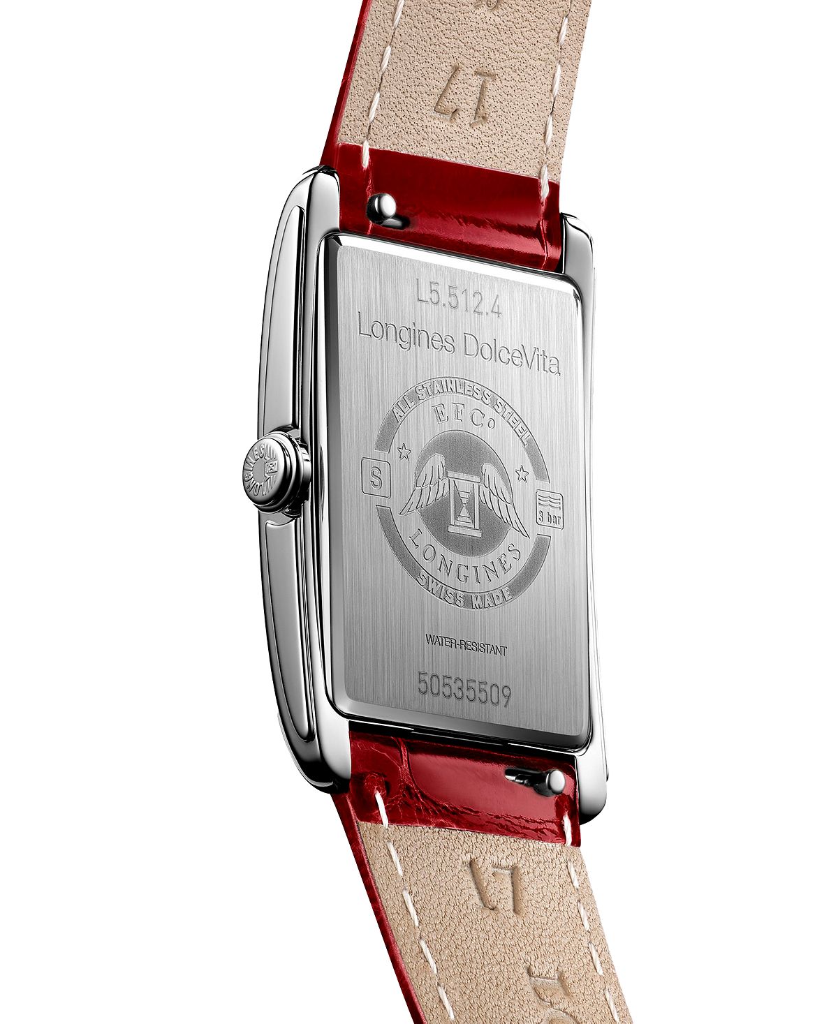 Women's Swiss DolceVita watch with red leather strap 23x37 mm Longines, silver