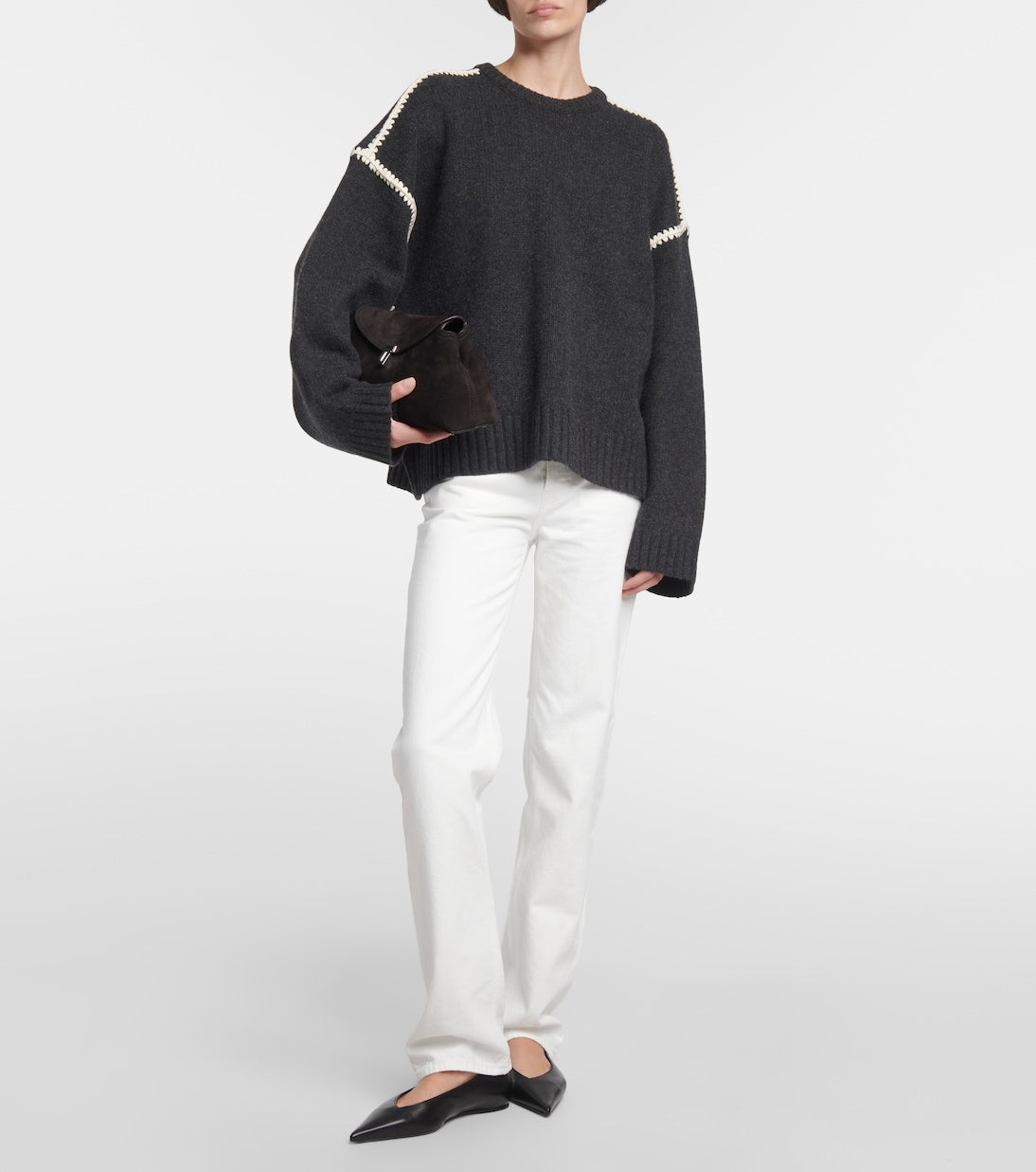 Wool and cashmere sweater with Toteme embroidery, gray