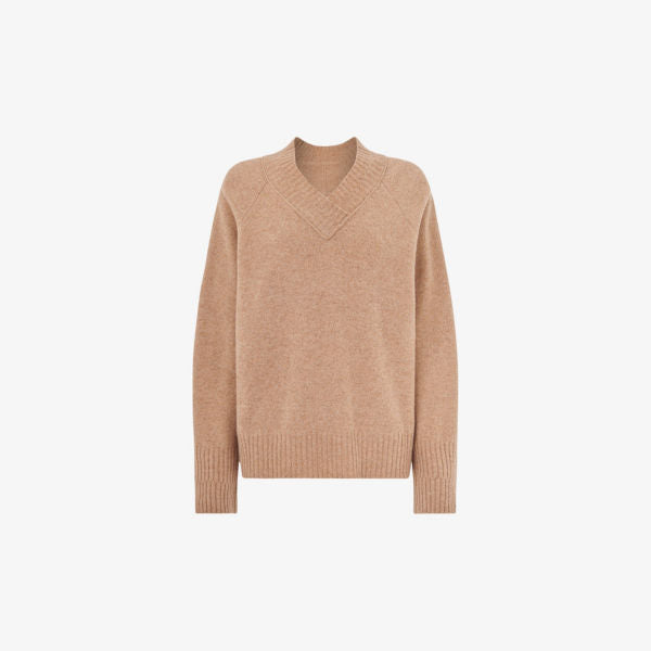 Whistles Wool V-neck Long Sleeve Jumper in tan