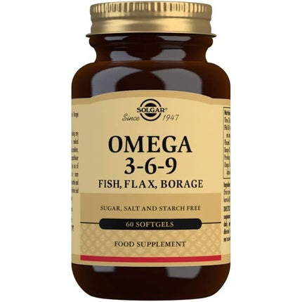 Solgar Omega 3-6-9 Softgels 60 Softgels - fish mixture Premium flaxseed and cucumber oils - specially formulated ratio - molecularly distilled to remove mercury PCBs and heavy metal impurities