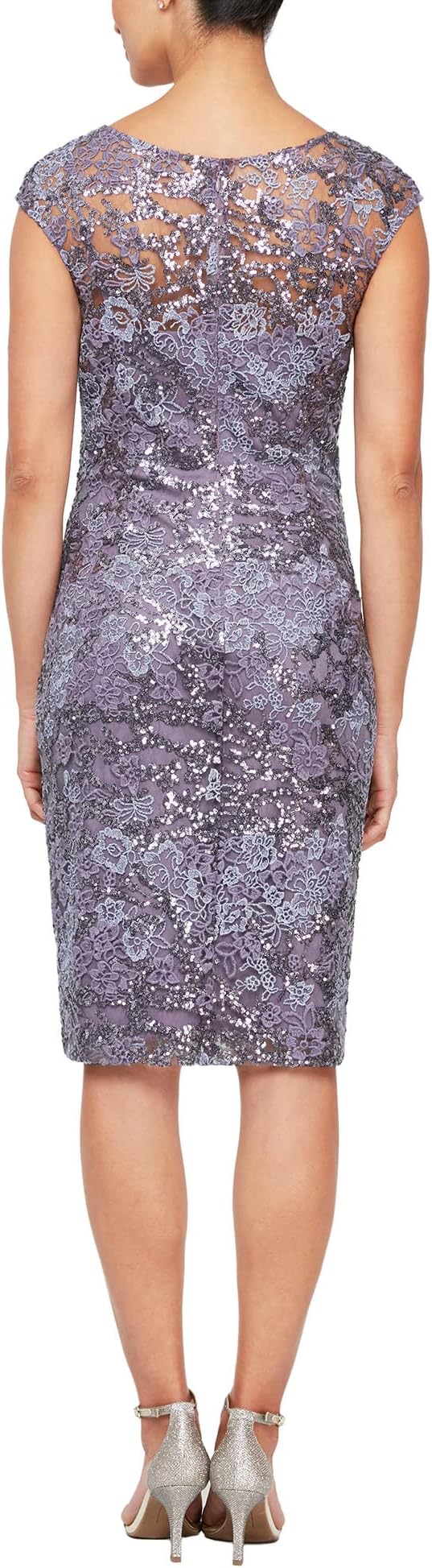 Short sheath dress with embroidery cap sleeves and V-neck Alex Evenings, Icy Orchid