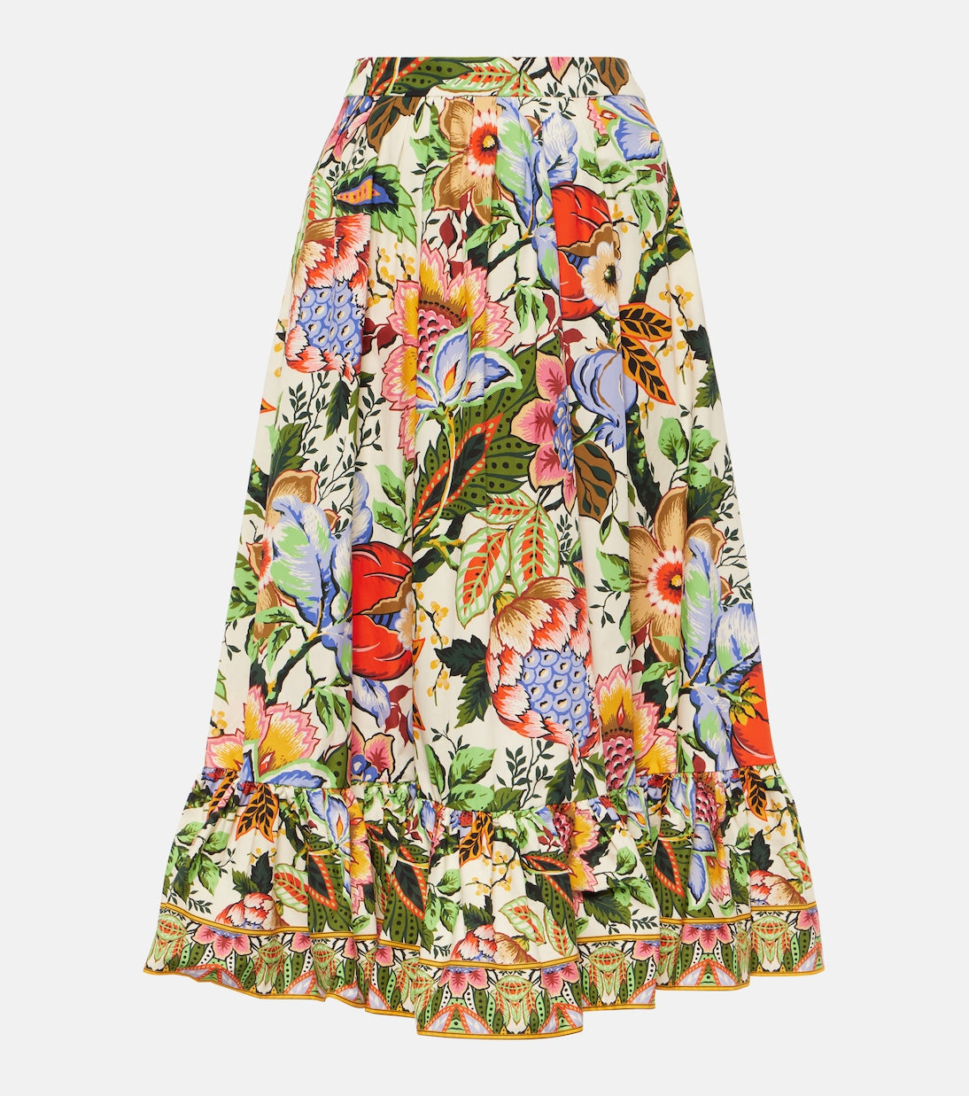 High-waisted cotton midi skirt with Etro floral print, multicolor