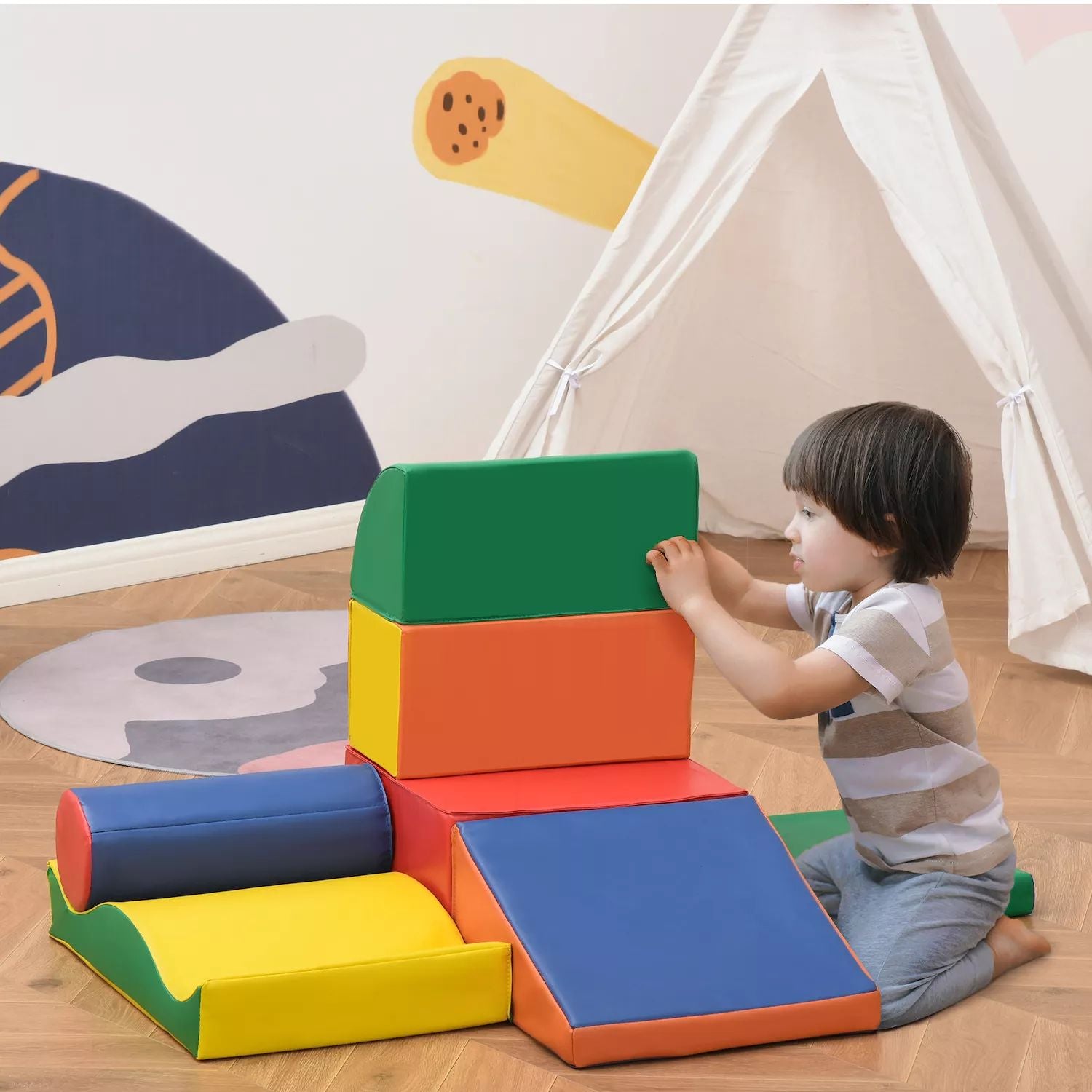 [T] Soozier Soft Play Blocks, 7 Pieces baby gym climbing and crawling toys foam blocks for construction and stacking non-toxic educational play set, educational software toy brick,