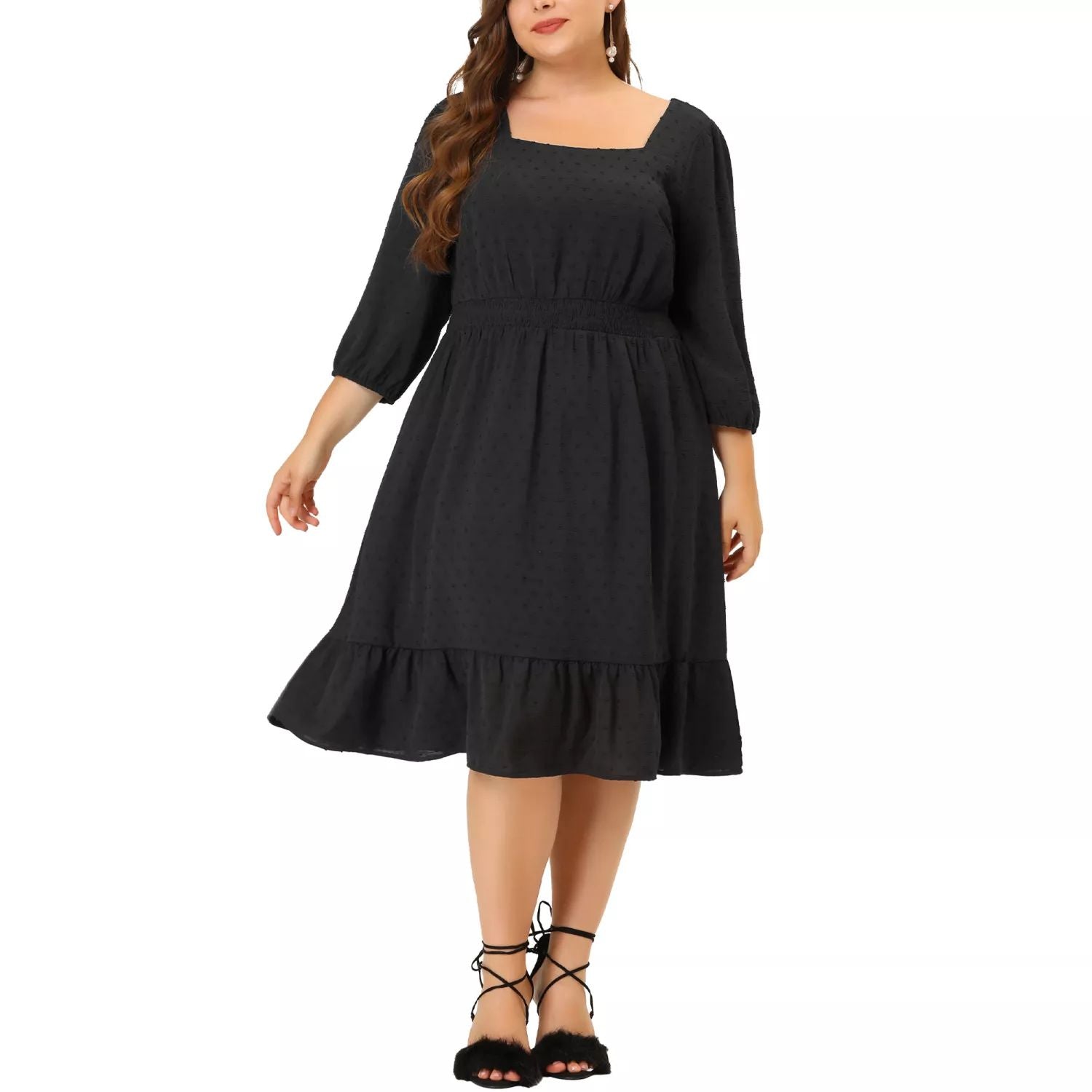 Agnes Orinda Women's Plus Size Smocked Waist 3/4 Sleeve Midi Dress in Swiss Polka Dots ,  black