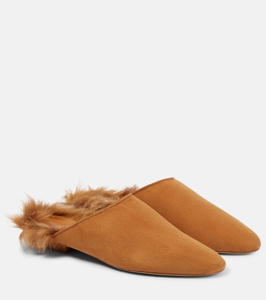 Otto Suede Mules with Khaite Sheepskin Trim, Neutral