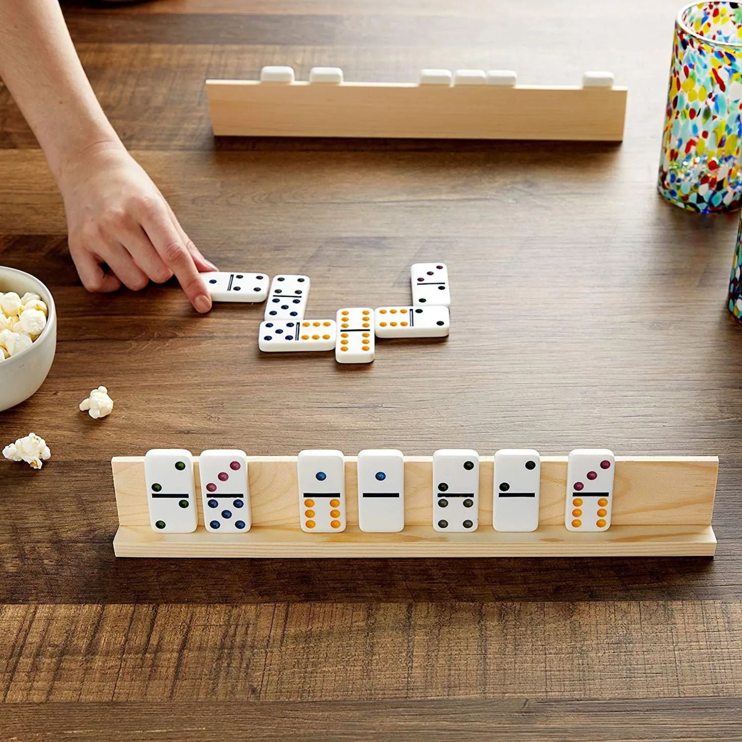 4 packs of wooden domino holders Domino Stands for Mexican Train and Mahjong (13.4 x 2.0 x 1.2 inches) Juvale