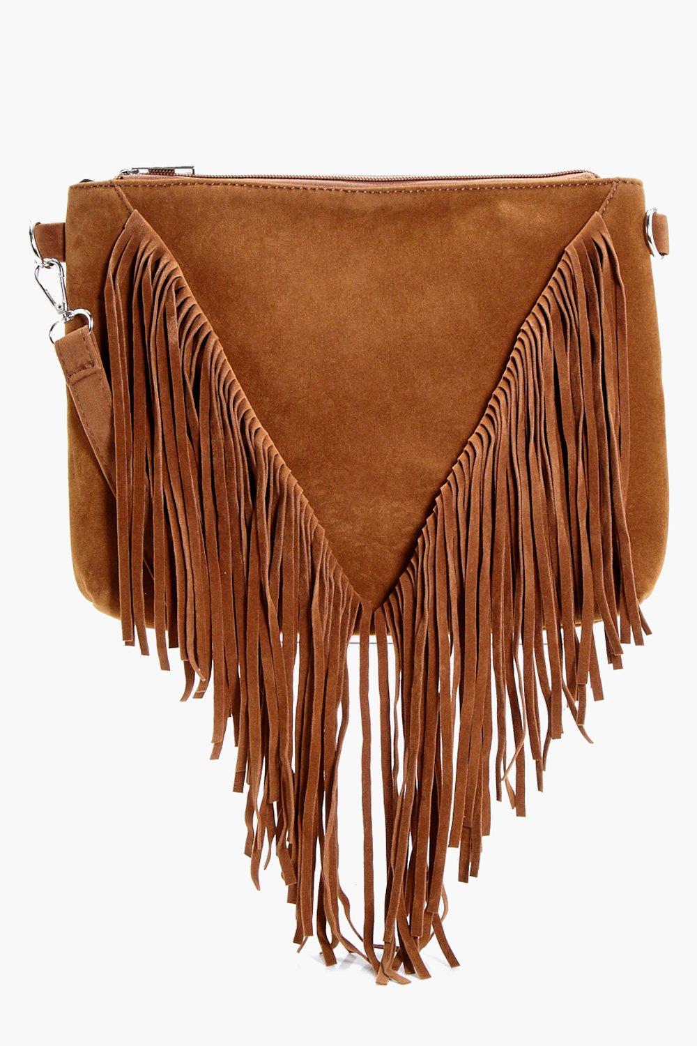 Boohoo Fringed Suede Bag, Tan