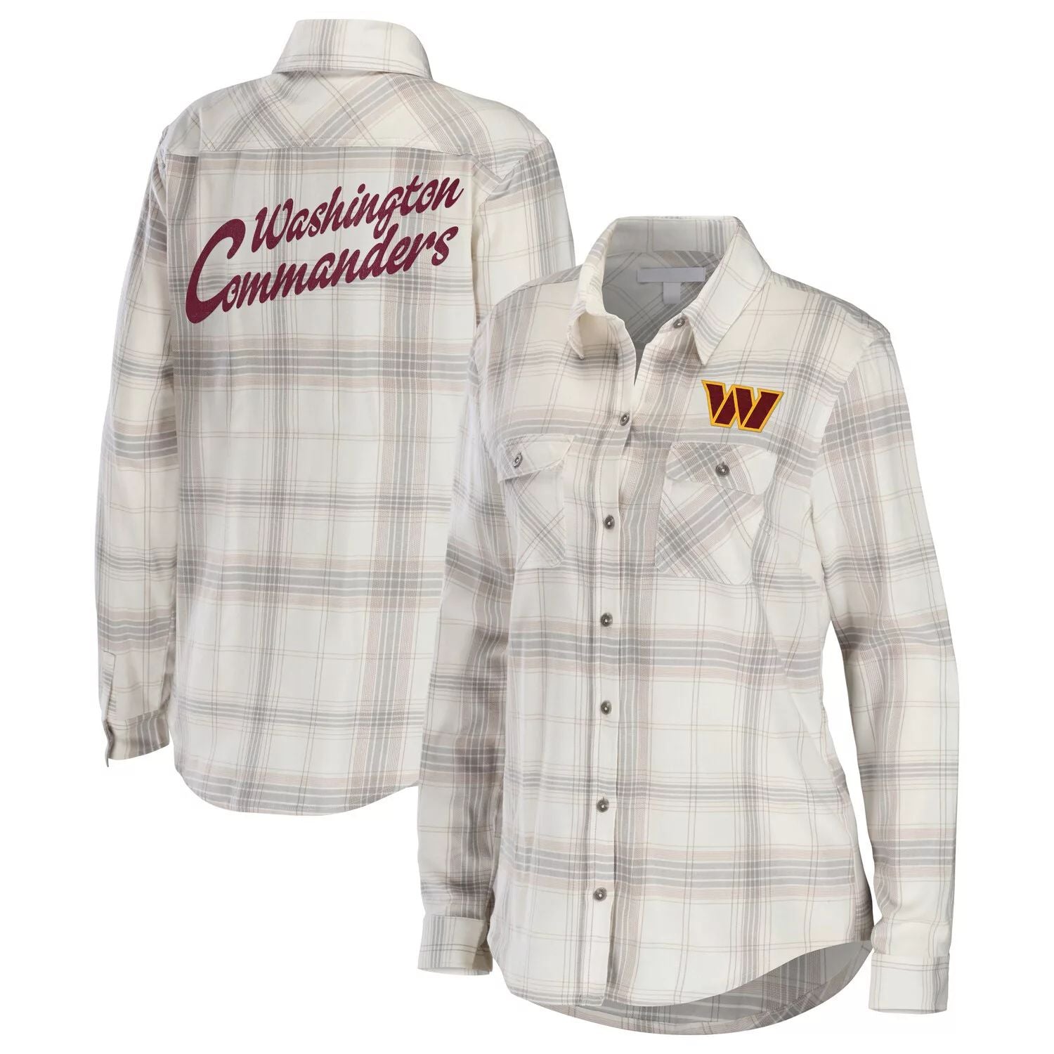 Women's WEAR by Erin Andrews Washington Commanders Cream and Gray Plaid Flannel Long Sleeve Button Down Shirt