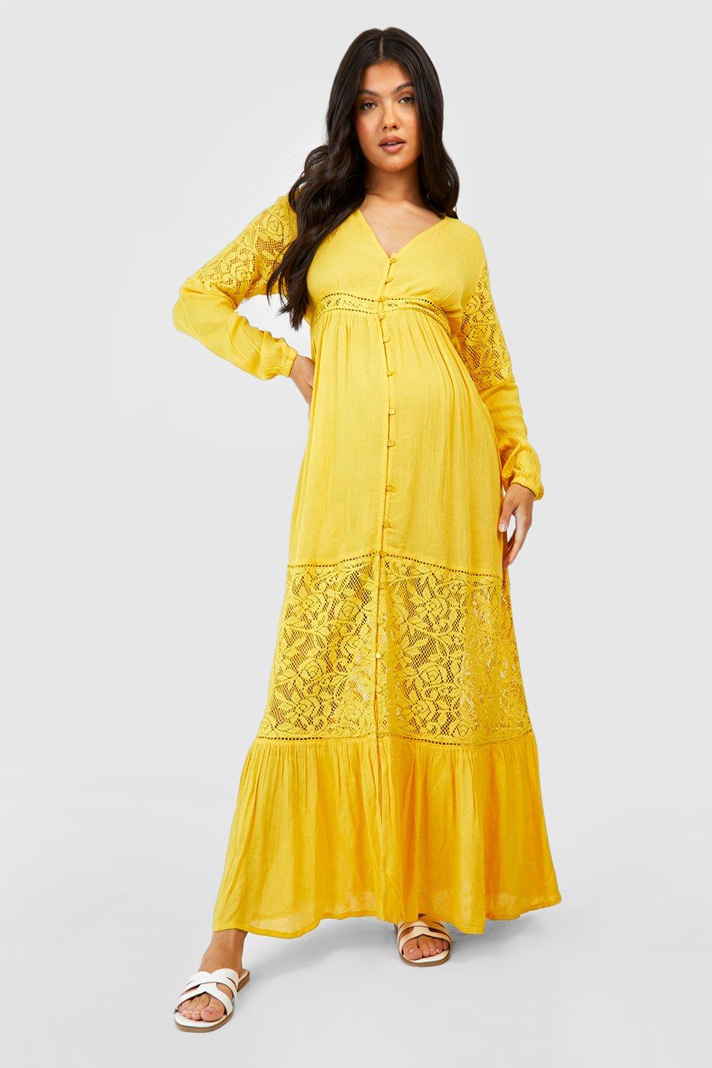 Maxi dress with lace inserts in boho Boohoo, ocher