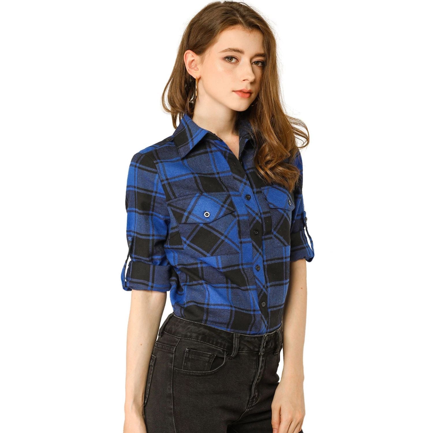 Women's checked shirt with print, rolled up sleeves, pockets with flaps matte shirt ALLEGRA K