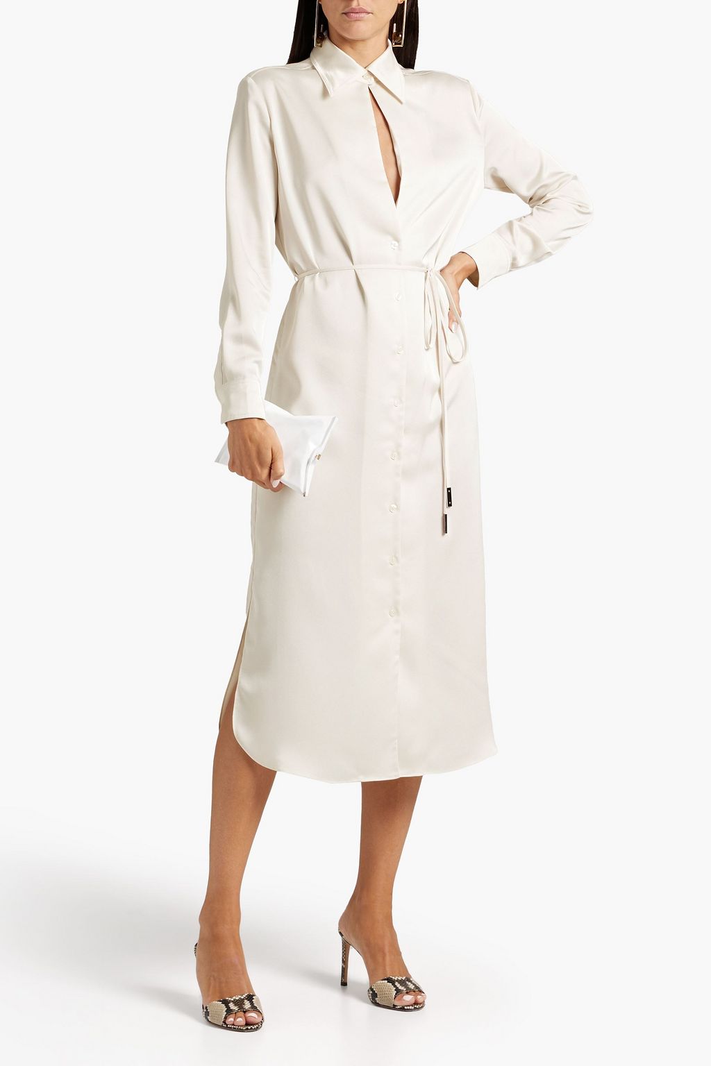 Satin crepe midi shirt dress with belt HALSTON, cream