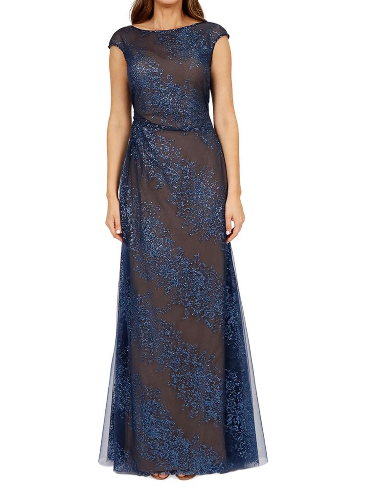 Rene Ruiz Collection sheer sparkly boat neck dress, blue