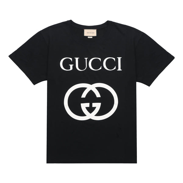 تي شيرت GUCCI OFF-WHITE قطني كبير الحجم مع حرف G متشابك أسود، أسود