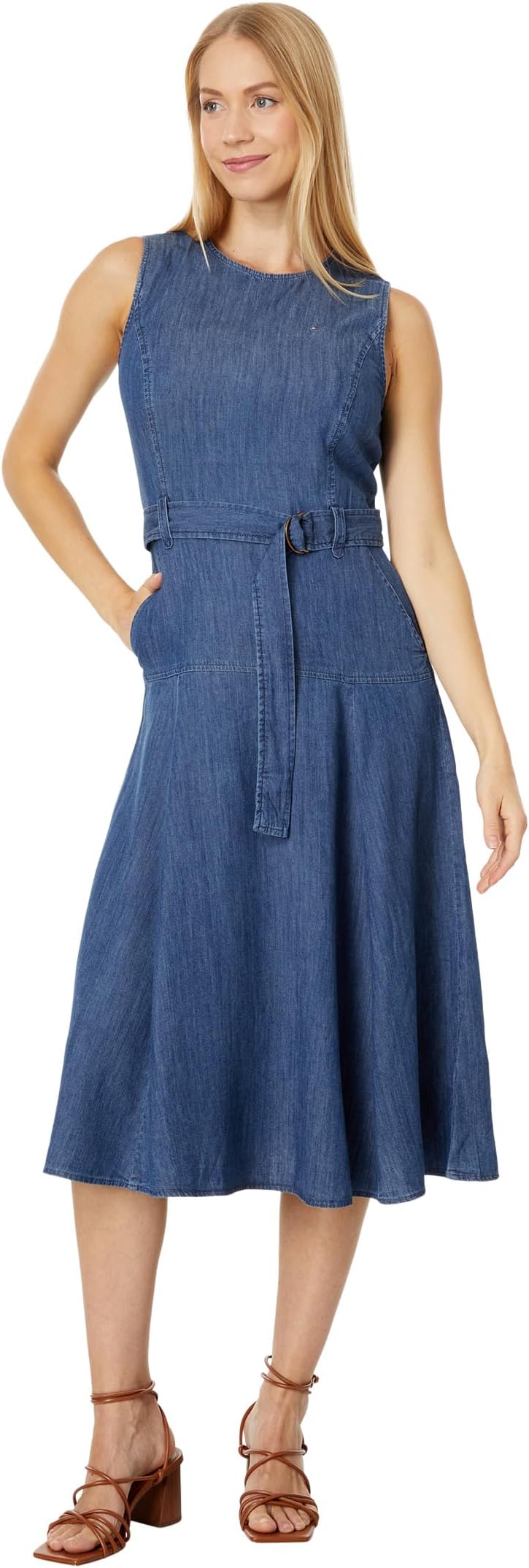 Tommy Hilfiger Belted Sleeveless Chambray Dress in Medium Benson