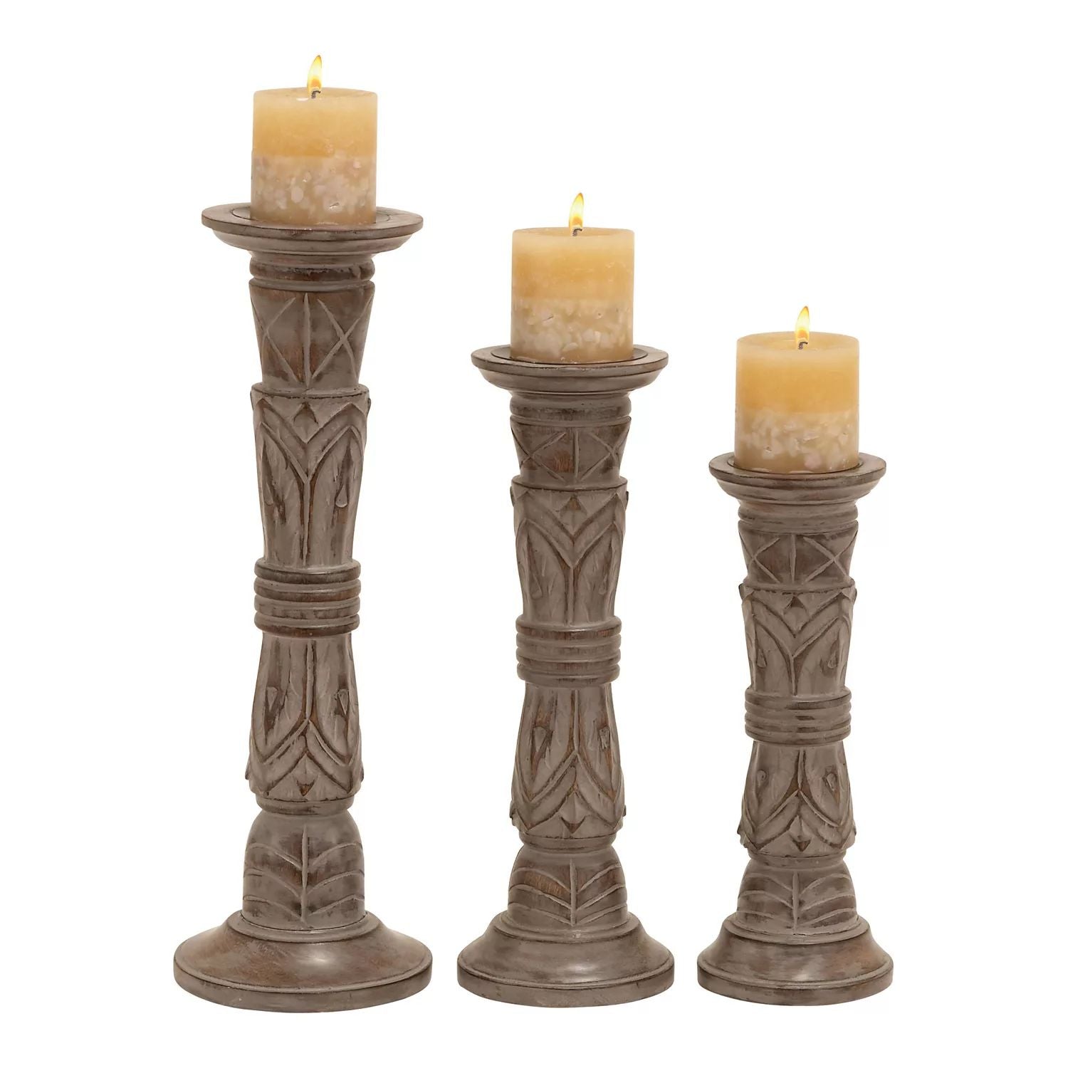 Traditional Stella & Eve carved mango wood candle holders, 3 pcs. Kit