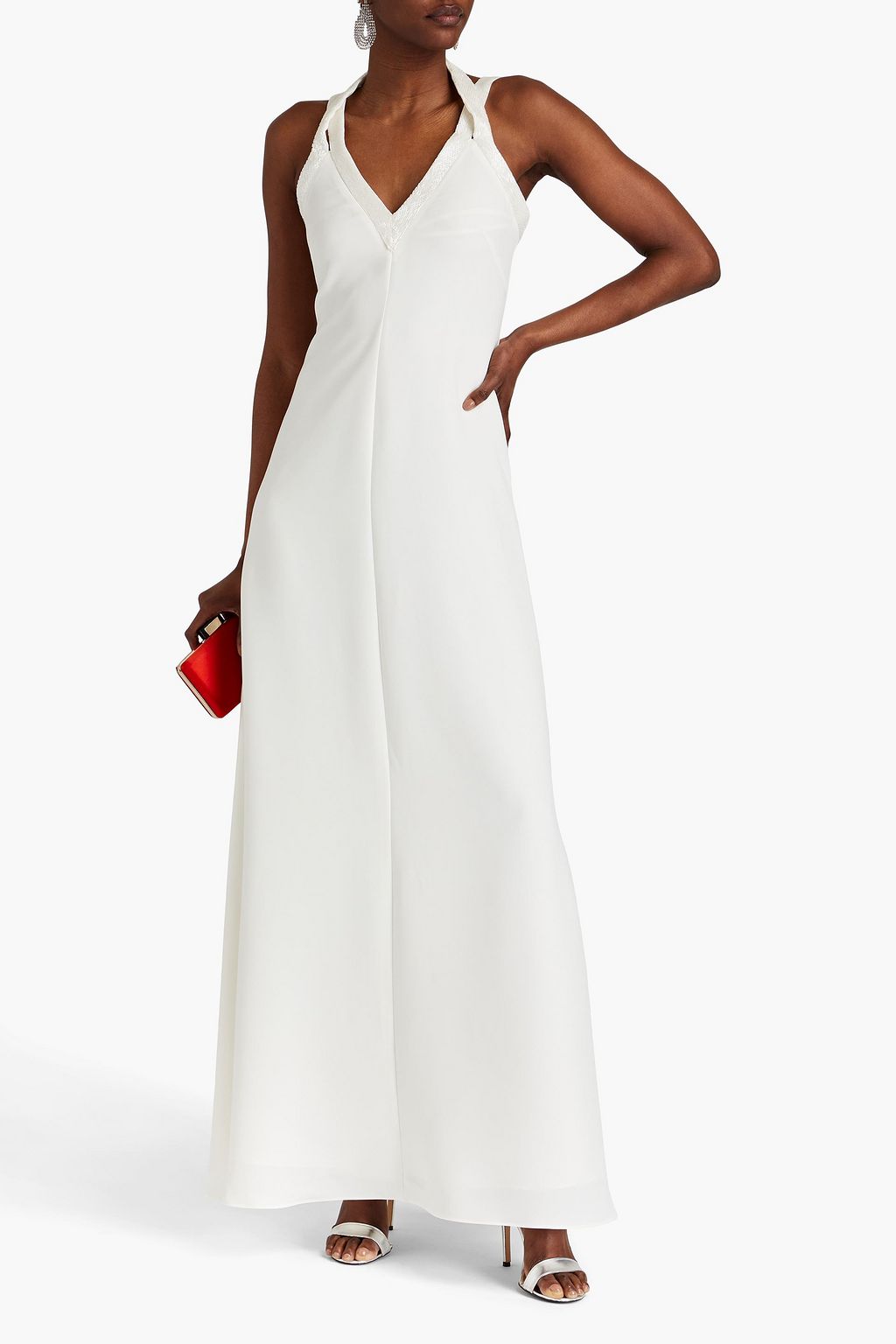 Allison crepe dress with HALSTON beading, ivory