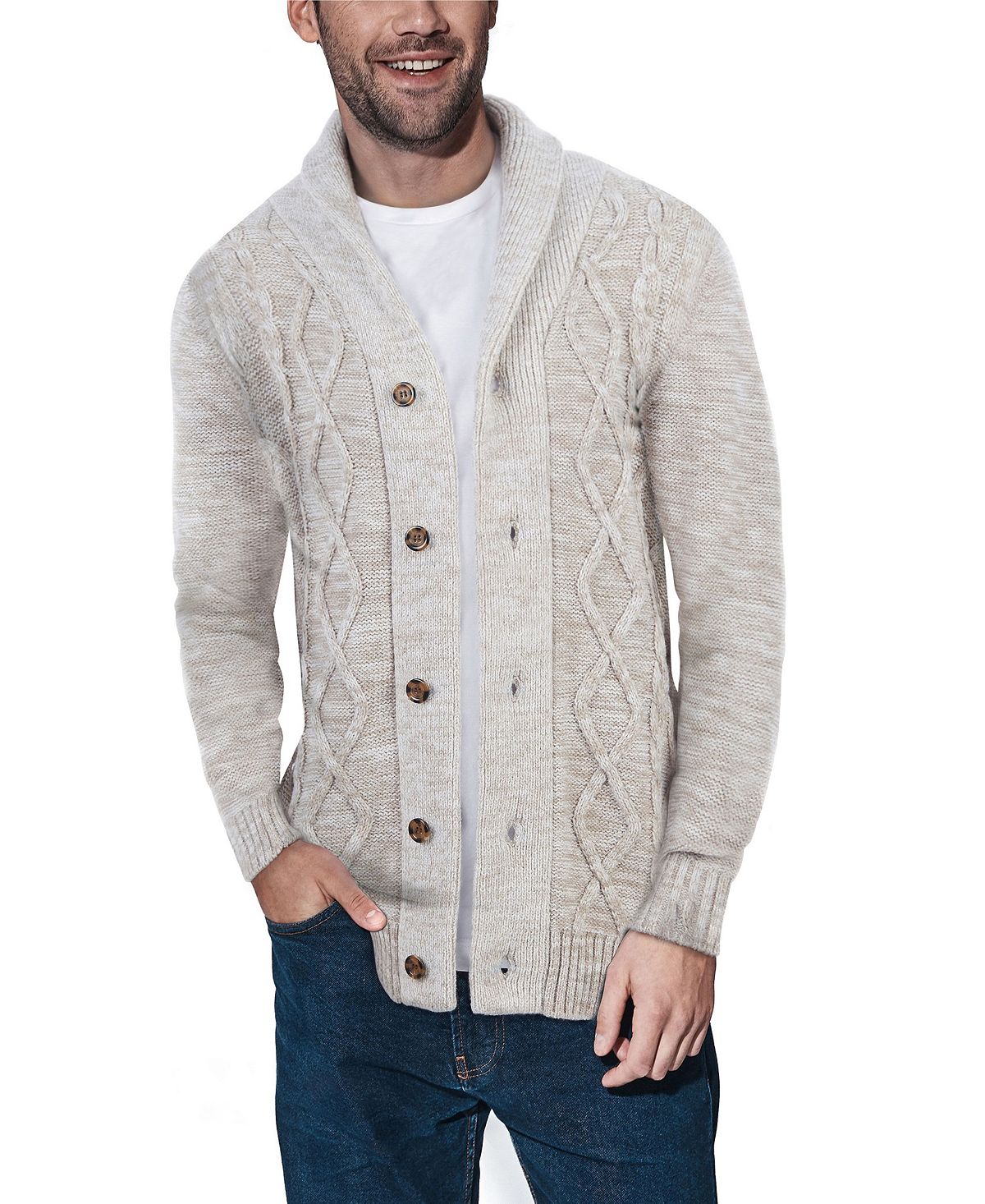 X-Ray Men's Cable Knit Shawl Collar Cardigan