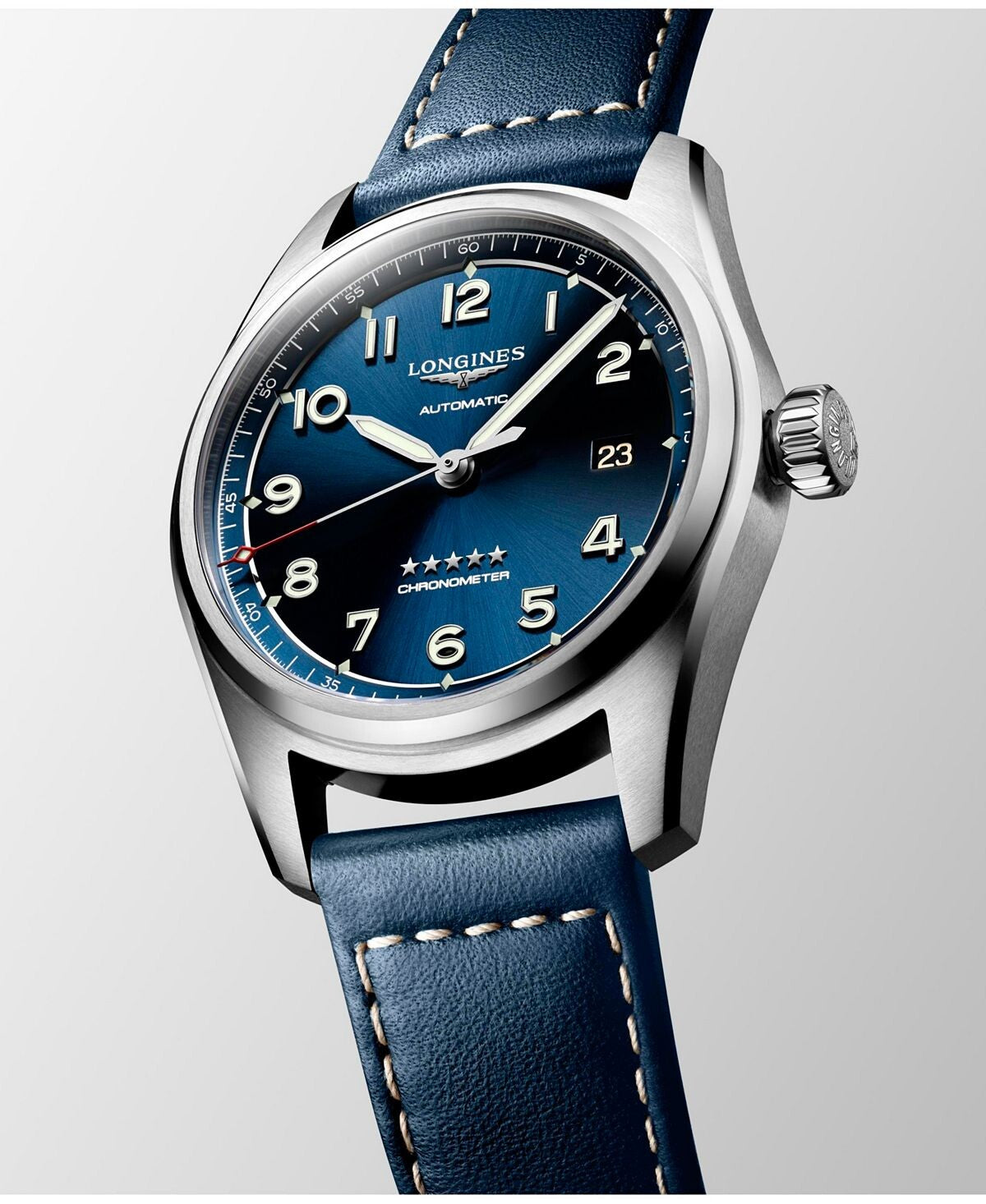 Spirit Men's Automatic Stainless Steel Chronometer Watch with Blue Leather Strap , 40 mm Longines