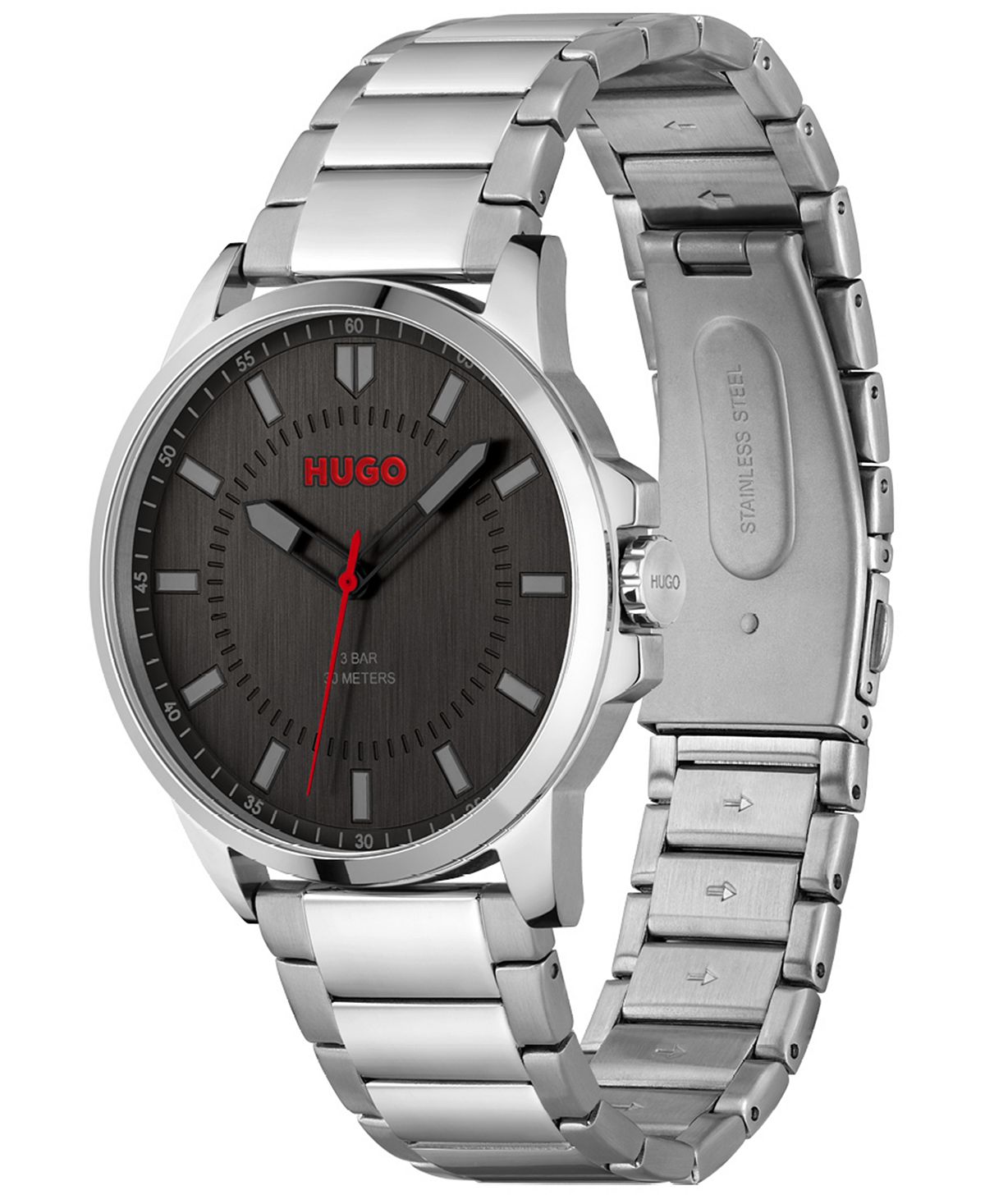 First men's silver stainless steel bracelet watch, 43 mm HUGO